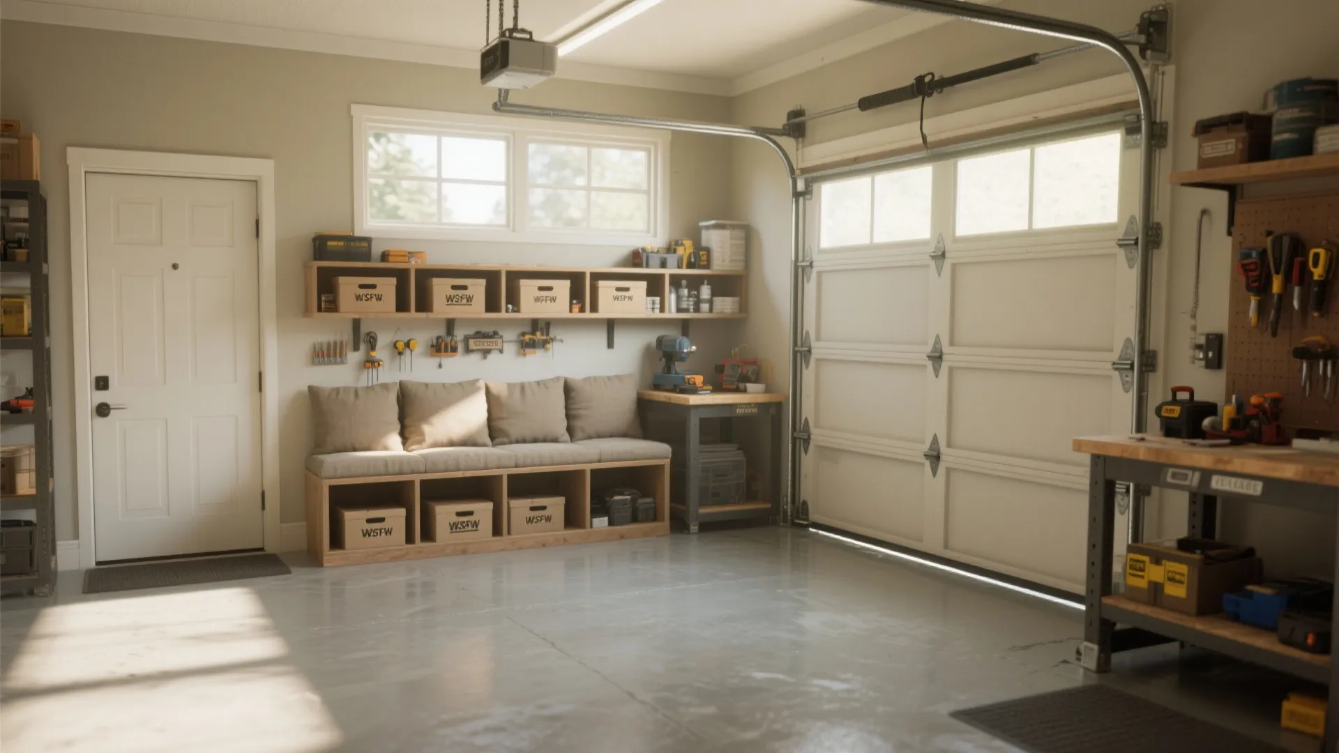 Combined garage mudroom and light workshop with bench, shelving and durable floor