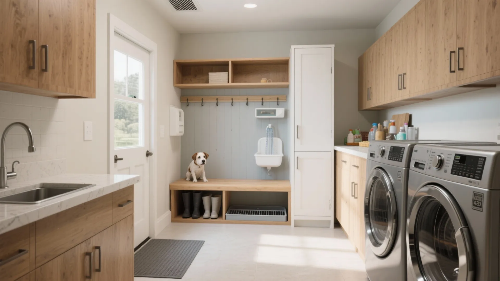 Mudroom area with wooden cabinets washing machine dryer small dog on bench and white entry door