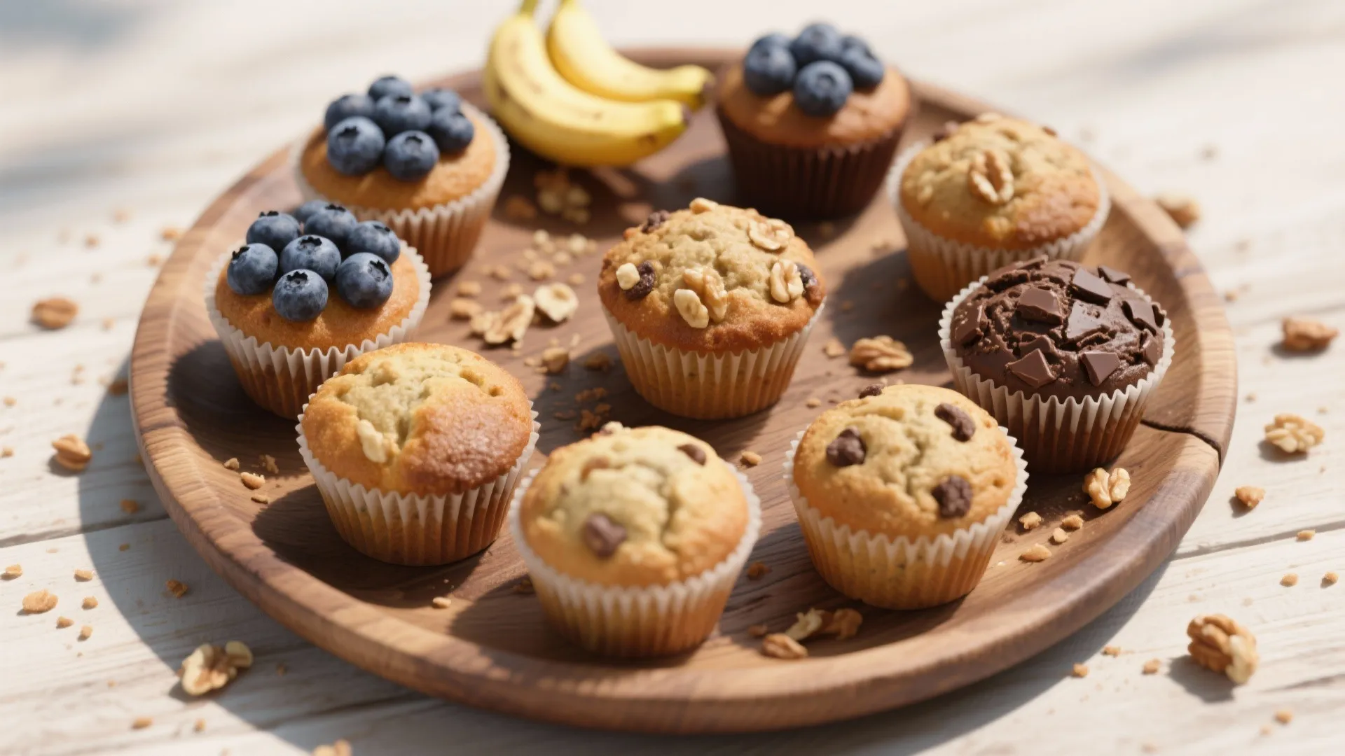 Assorted muffins including blueberry, chocolate, and walnut flavors served on a round wooden tray plate