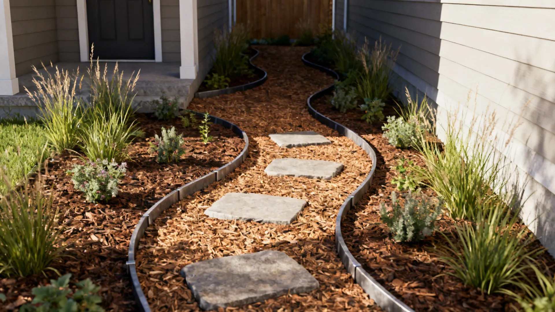 S-shaped garden path with wood mulch metal edging stone stepping stones and green landscape plants