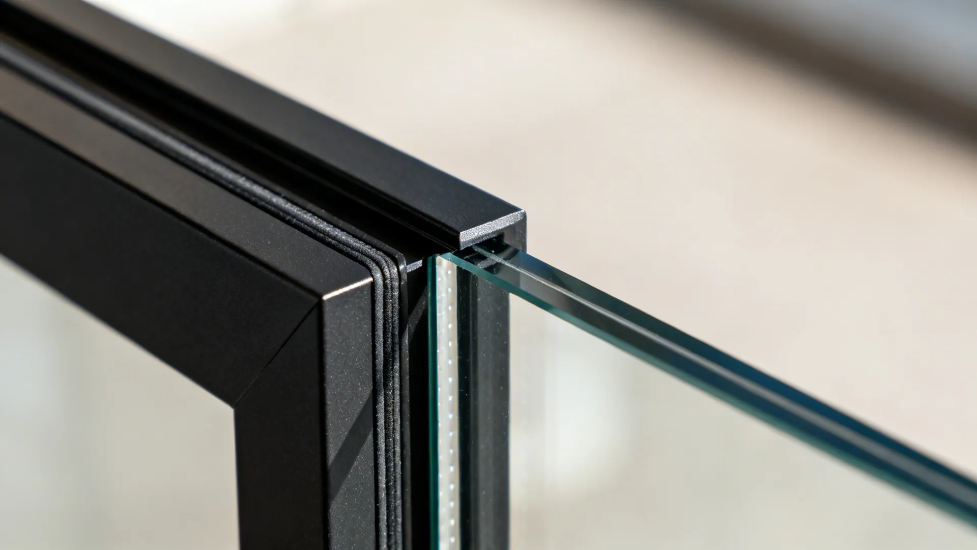Macro detail of slim black mullion with laminated glass showing refined powder-coated finish.