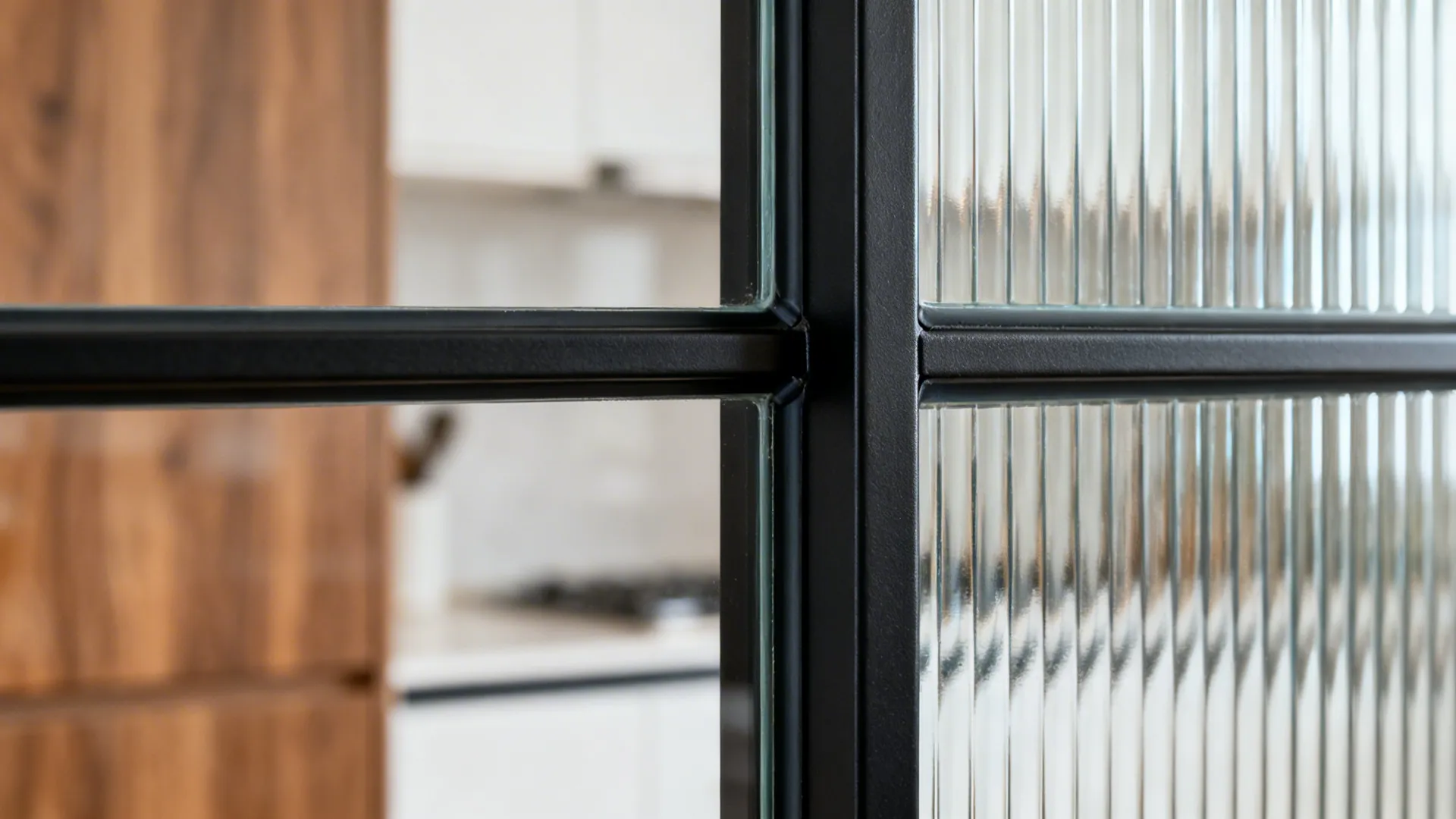 Macro detail of black metal mullion and glass joint in a kitchen divider.
