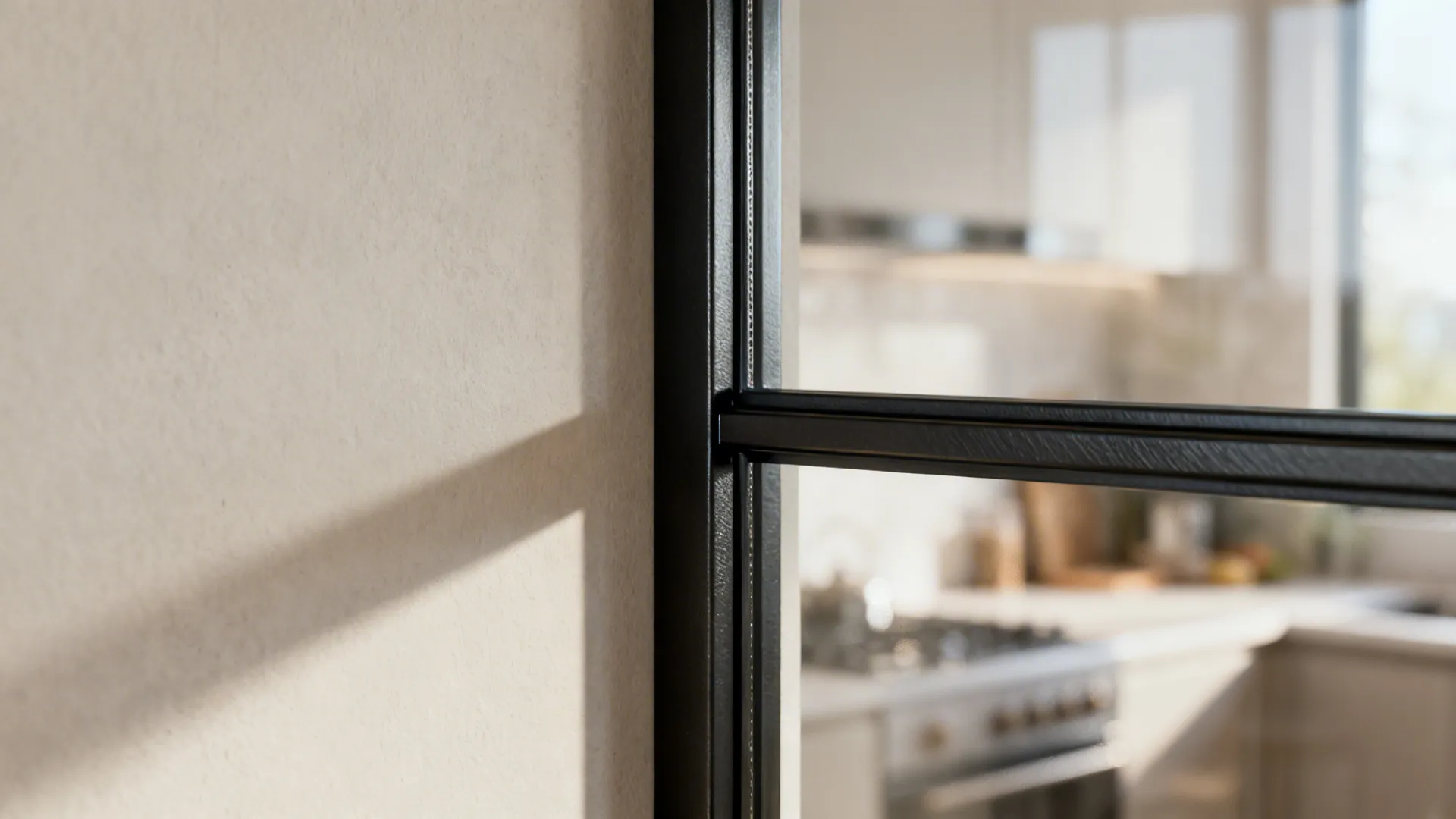Macro view of slim black mullion and tempered glass junction with soft daylight reflection.