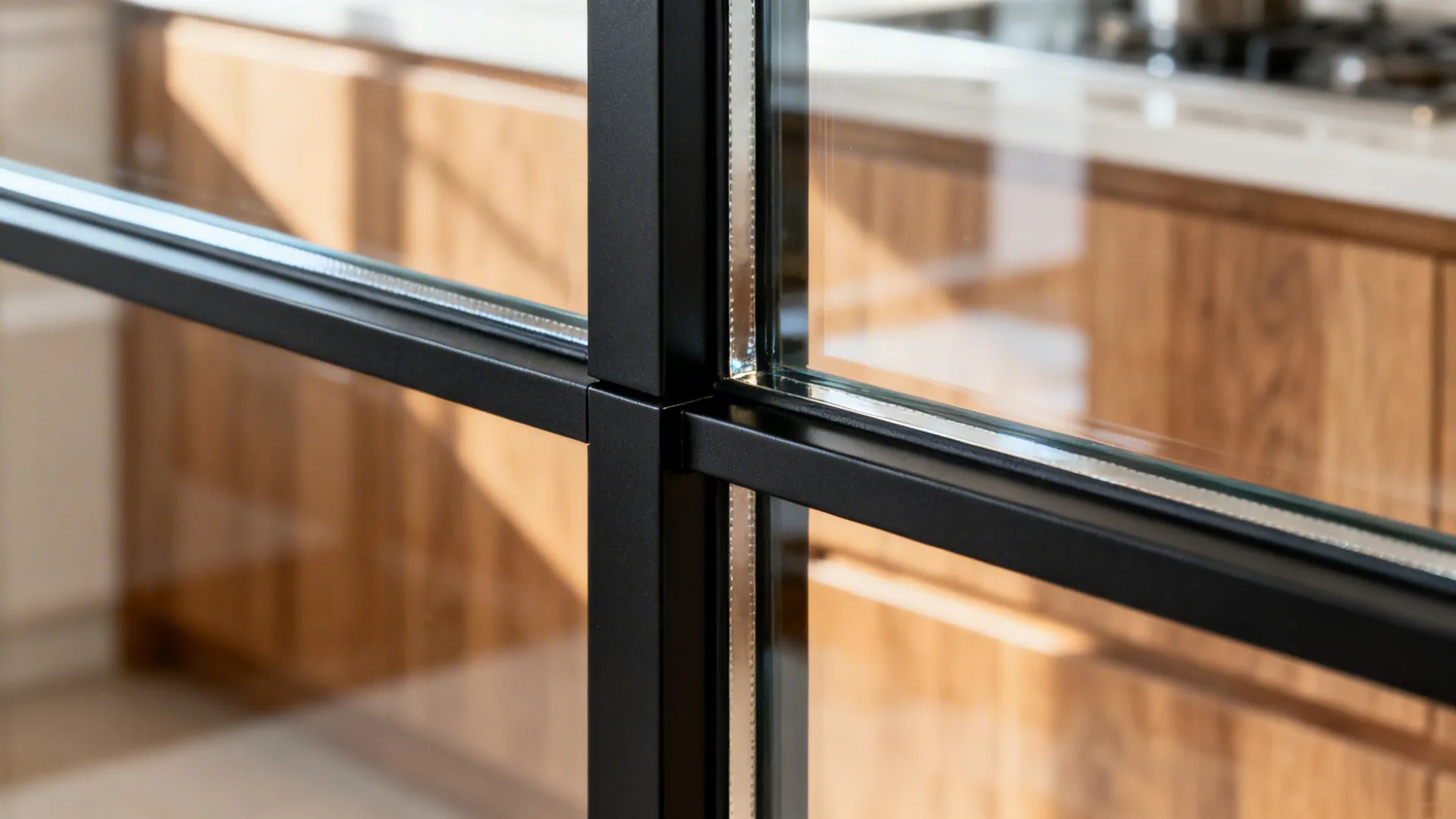 Macro detail of powder-coated black steel mullion and clear tempered glass joint.