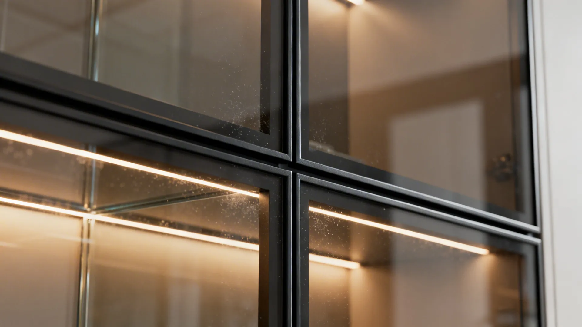 Macro detail of slim black mullion intersecting clear glass with warm light.