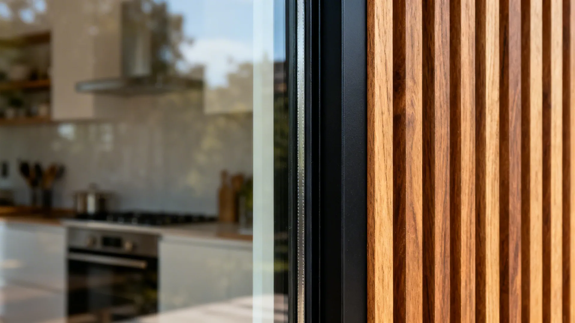 Close-up of black steel mullion and glass meeting a teak slat screen at the kitchen entrance.