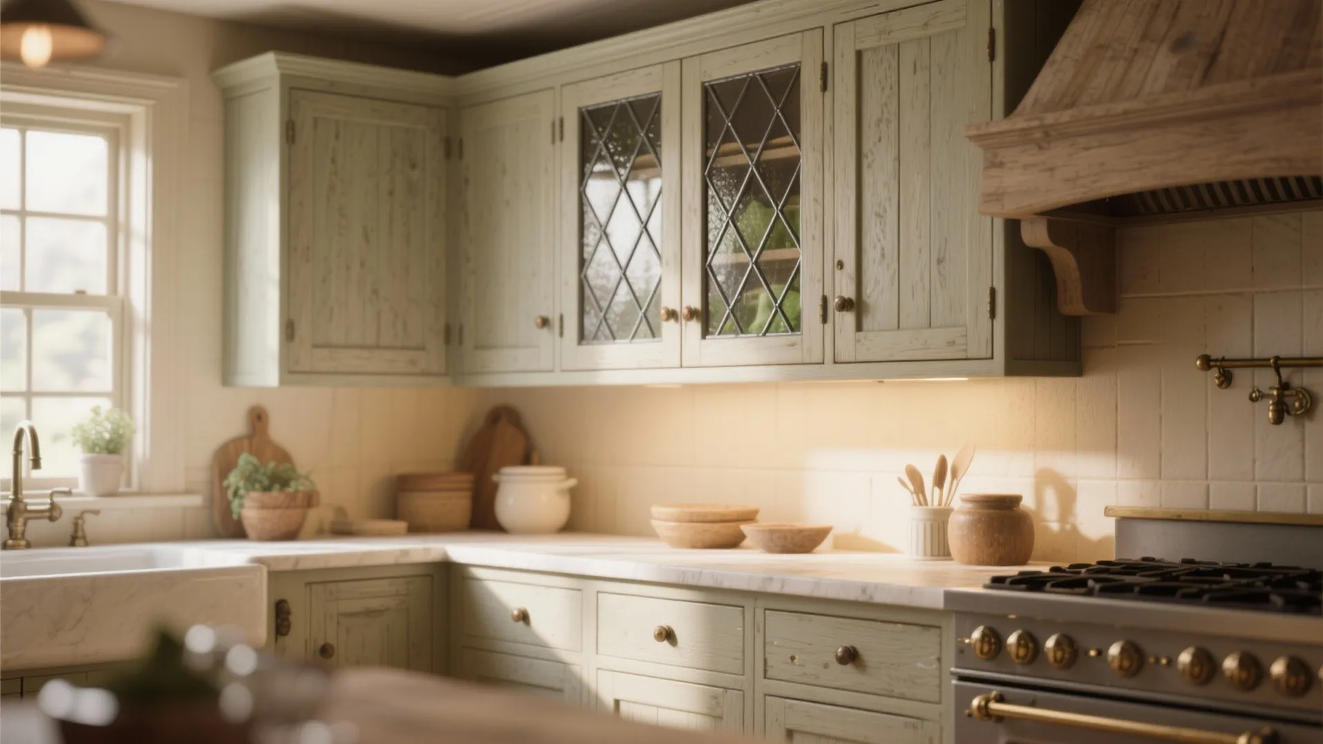 Cottage kitchen with mullioned leaded glass cabinet inserts adding architectural character.