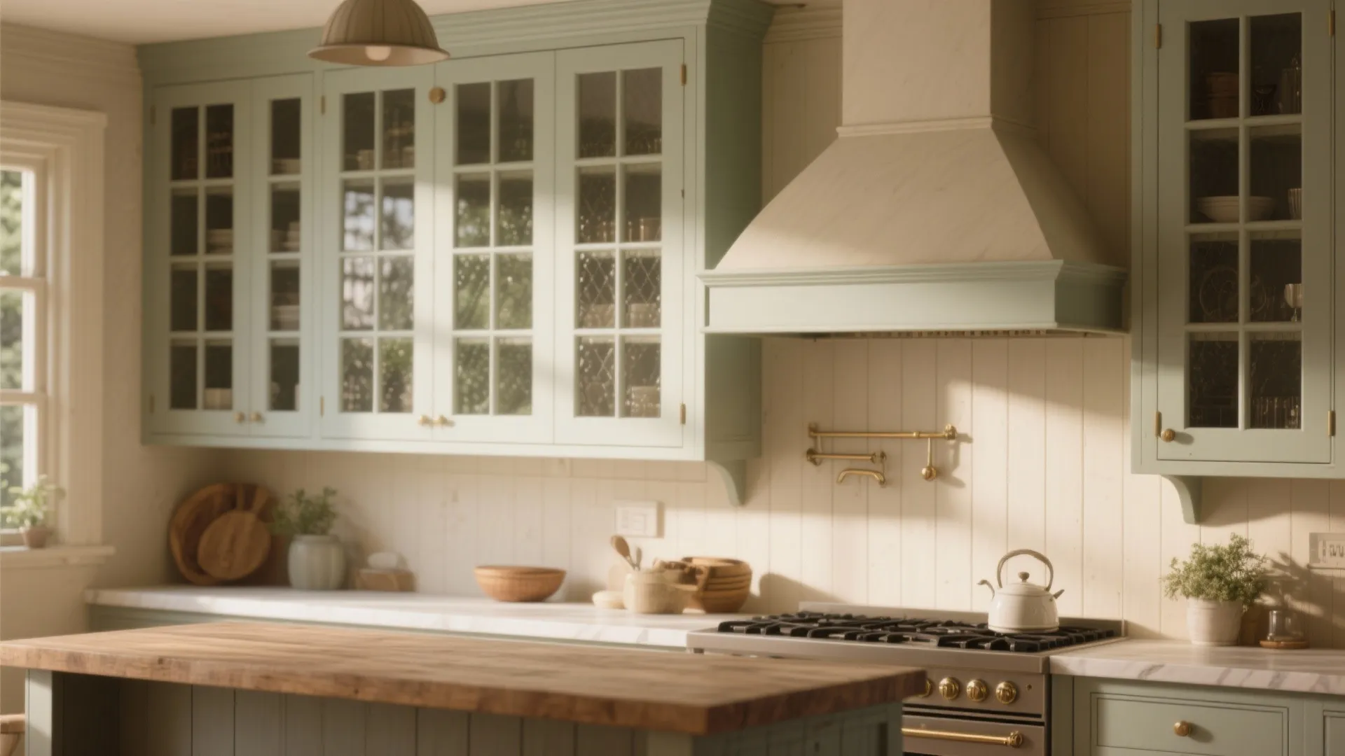 Cottage kitchen featuring mullioned glass cabinet doors and a classic range hood