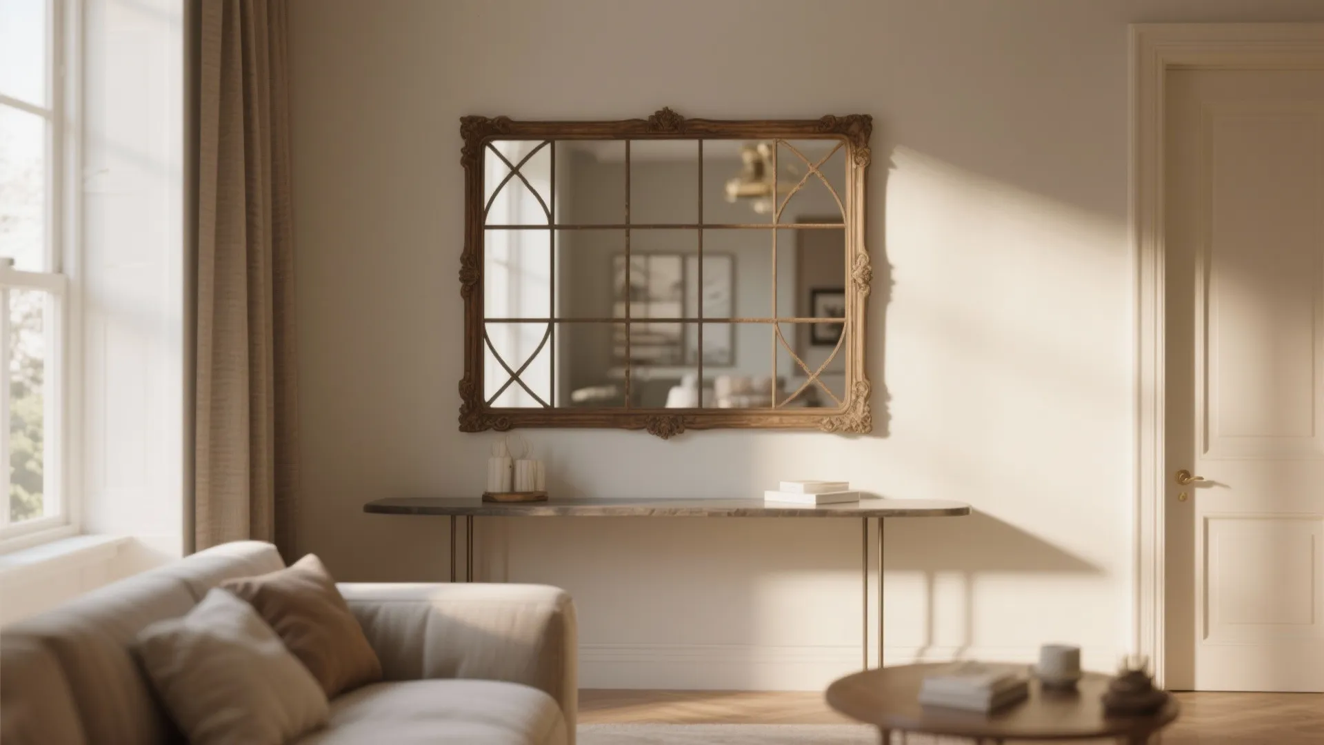 Framed mullioned mirror above a console reflecting light and increasing perceived depth.