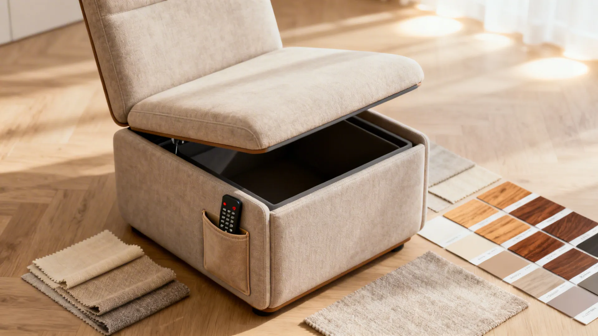 Flatlay showing a multifunctional accent chair with hidden storage and fabric swatches