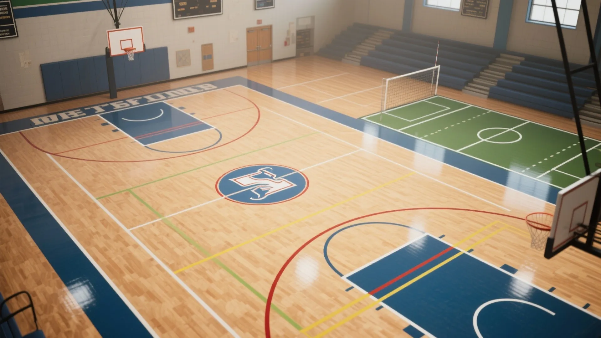 Indoor basketball court with wooden floor and green soccer area next to blue bleacher seating