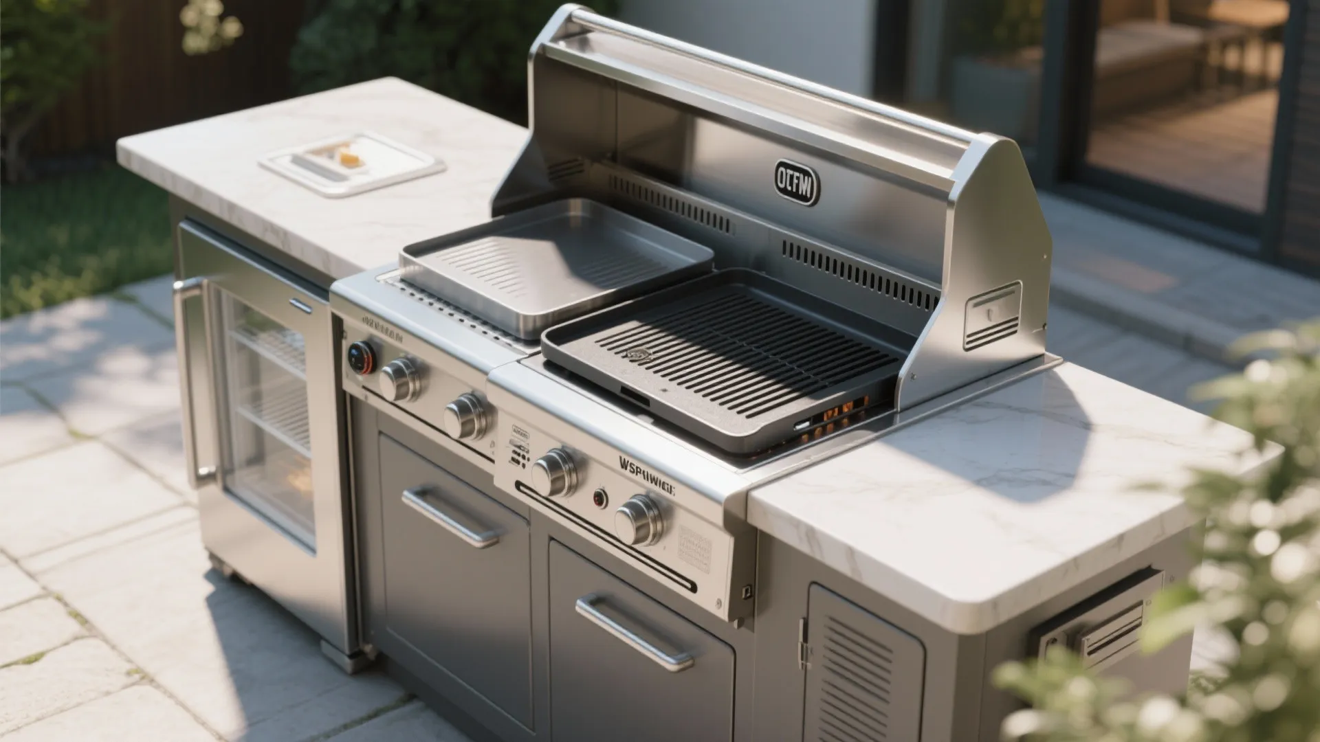 Modern outdoor kitchen with stainless steel grill, white marble countertop, grey cabinets and small refrigerator