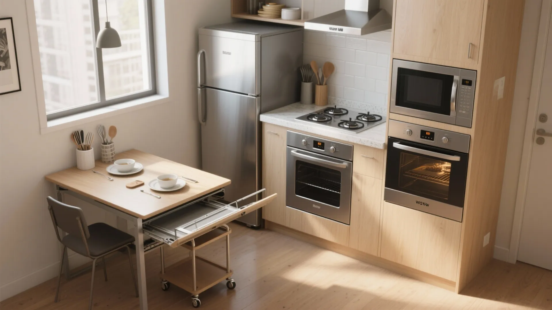 Small kitchen space featuring wooden dining table, silver fridge, gas stove, oven, and built-in microwave