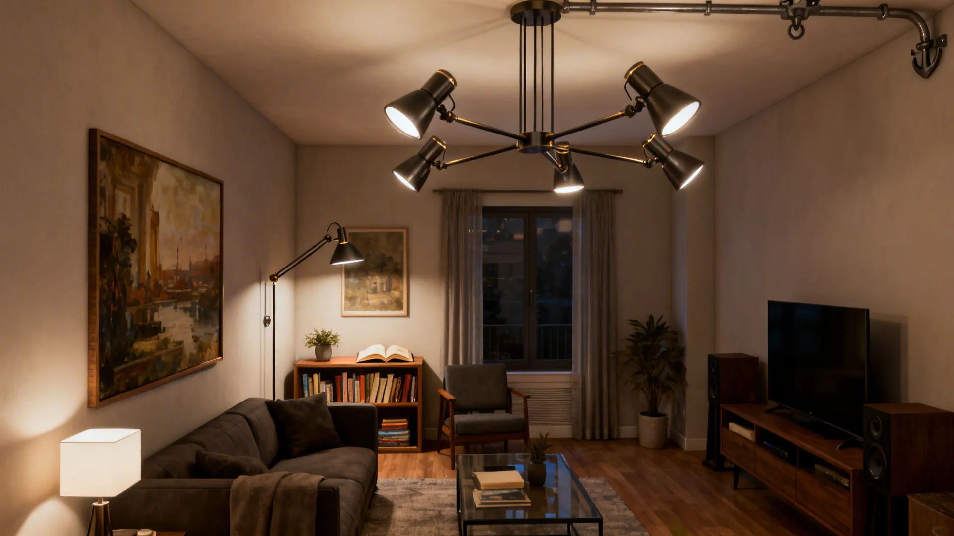 Open-plan small living room with a multi-arm adjustable chandelier directing light to different zones.