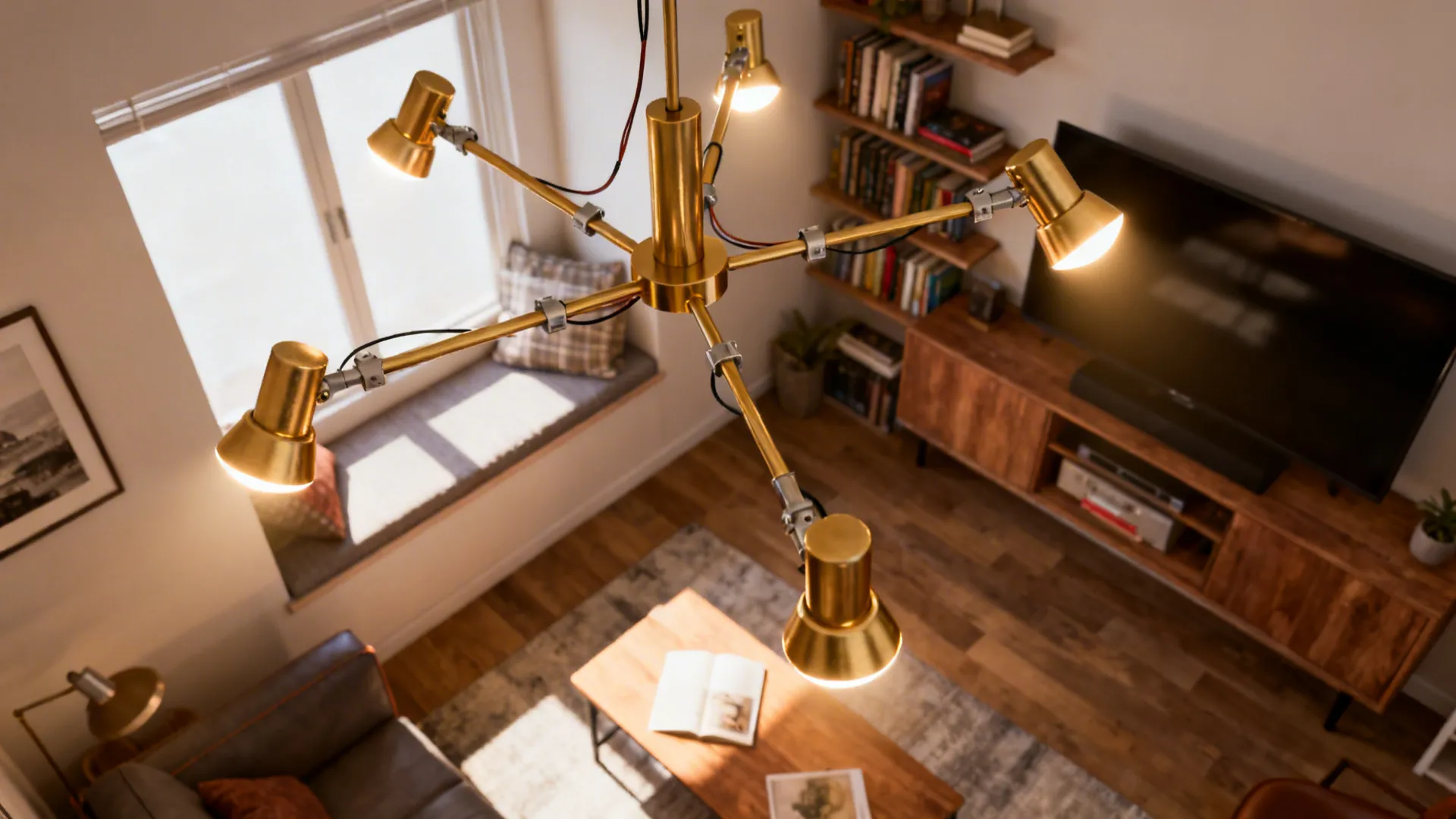 Adjustable multi-arm gold chandelier with arms directed to different functional zones in a small living room.