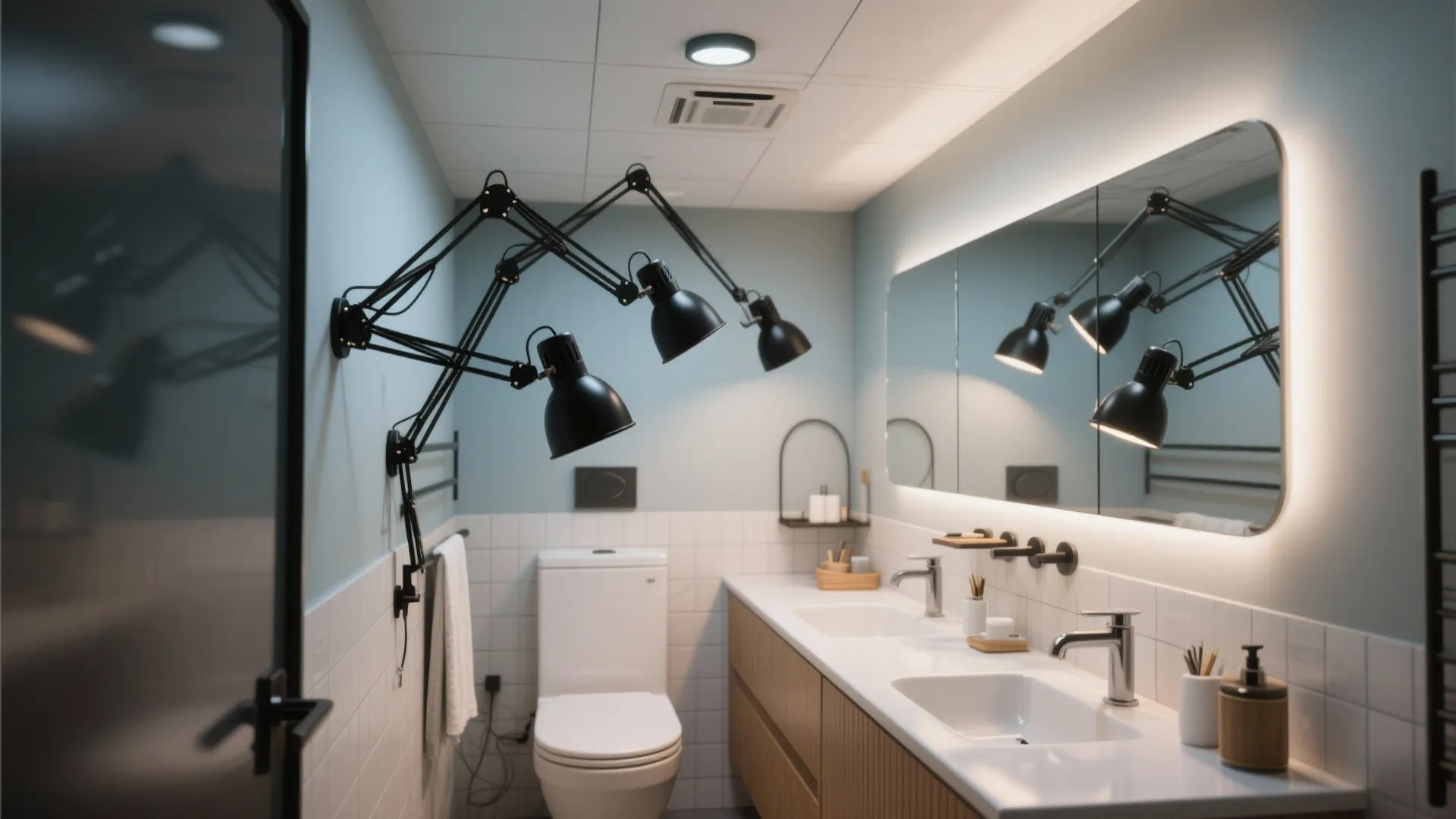 Modern bathroom interior with white toilet wooden cabinet glowing mirror and black wall light fixture
