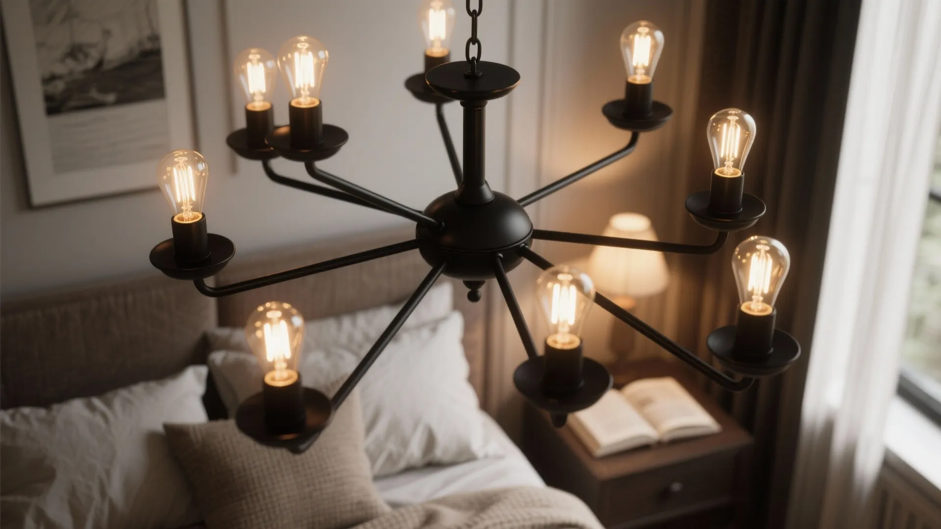 Matte black multi-arm chandelier casting warm layered light over a bedroom reading nook.
