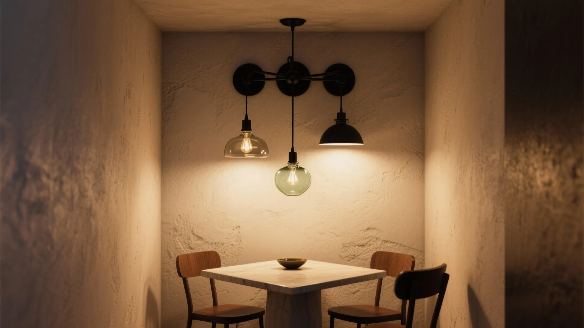 Small dining alcove with a matte black multi-arm cluster bracket and three mismatched glass pendants.