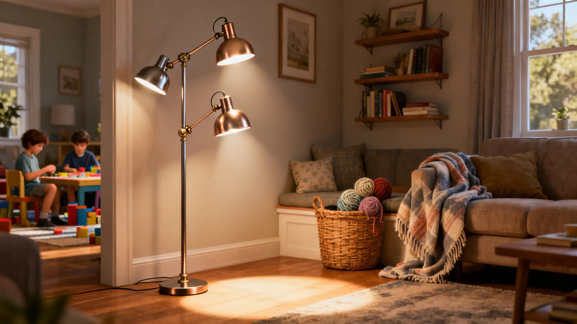 Multi-arm floor lamp casting adjustable light pools over different seating zones in a family living room.