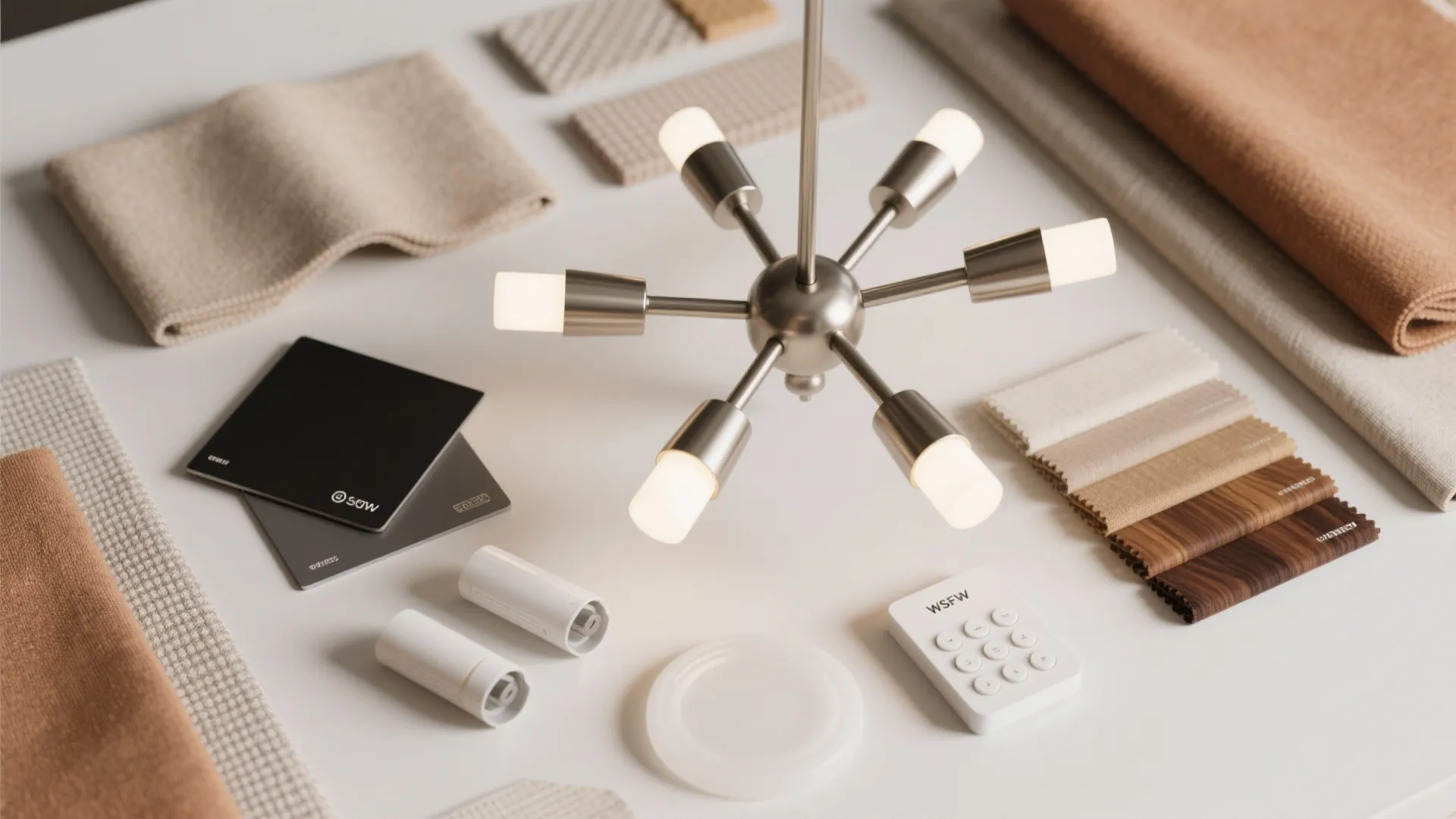 Flatlay of brushed nickel, matte black, opal diffusers, LEDs, and neutral fabric swatches.