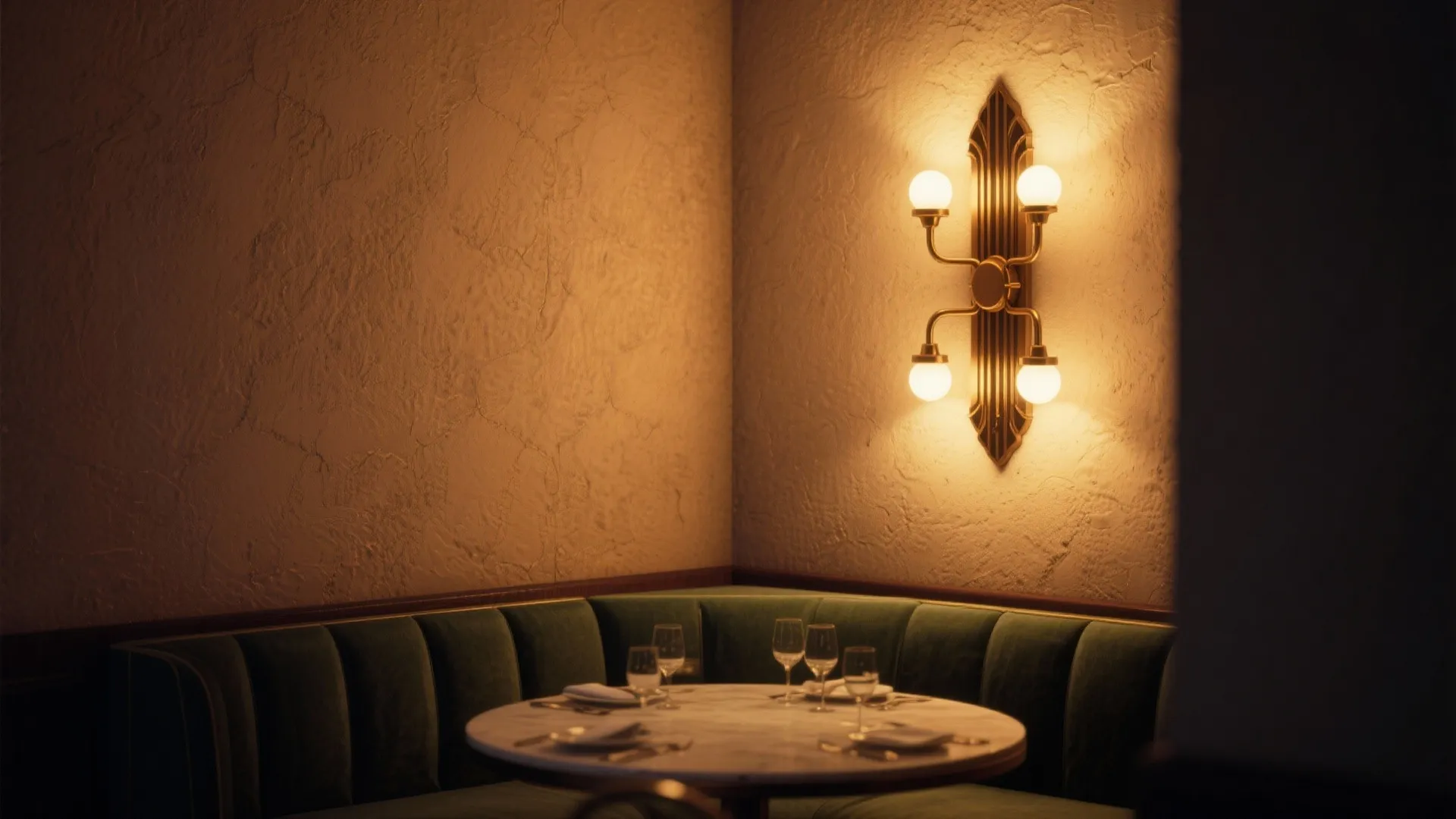 Elegant restaurant corner with green velvet sofa marble table wine glasses and gold wall light