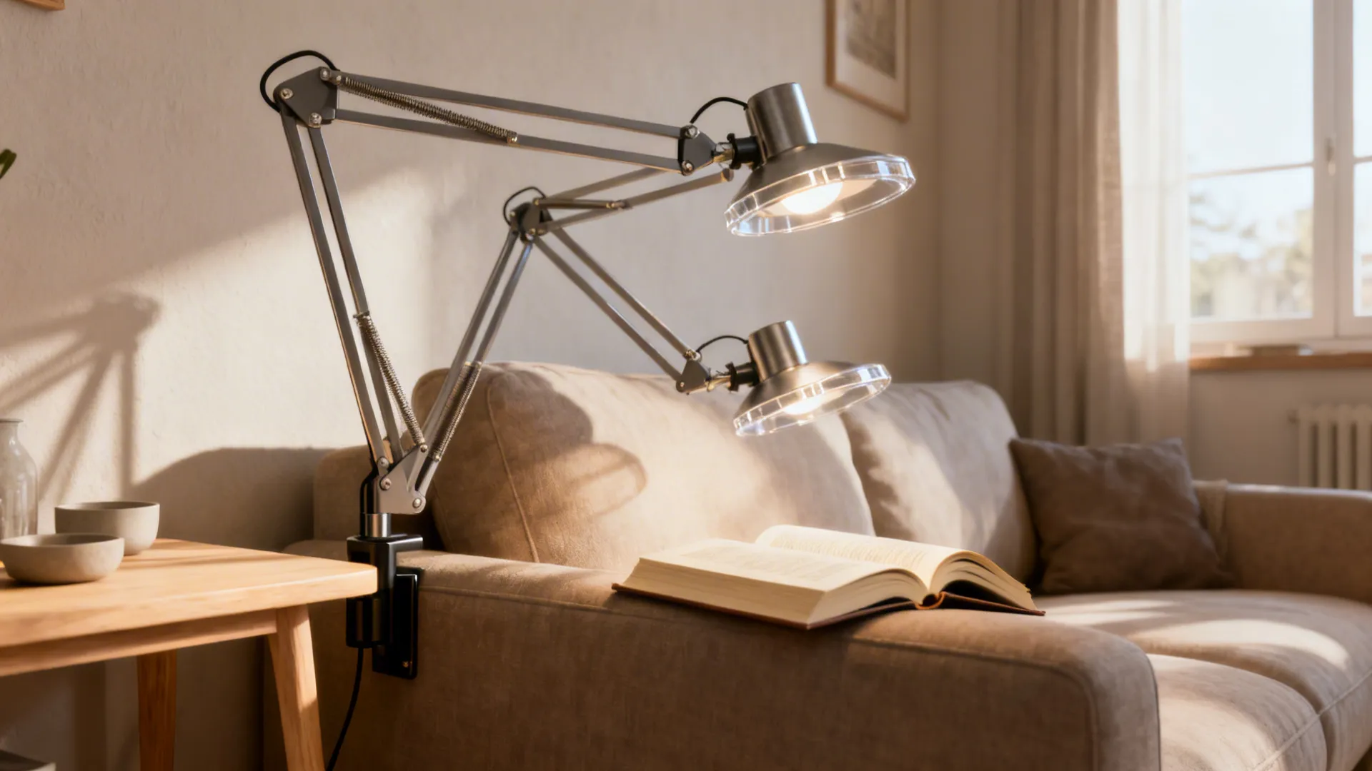 Multi-arm adjustable task lamp providing targeted light in a small living room reading nook.