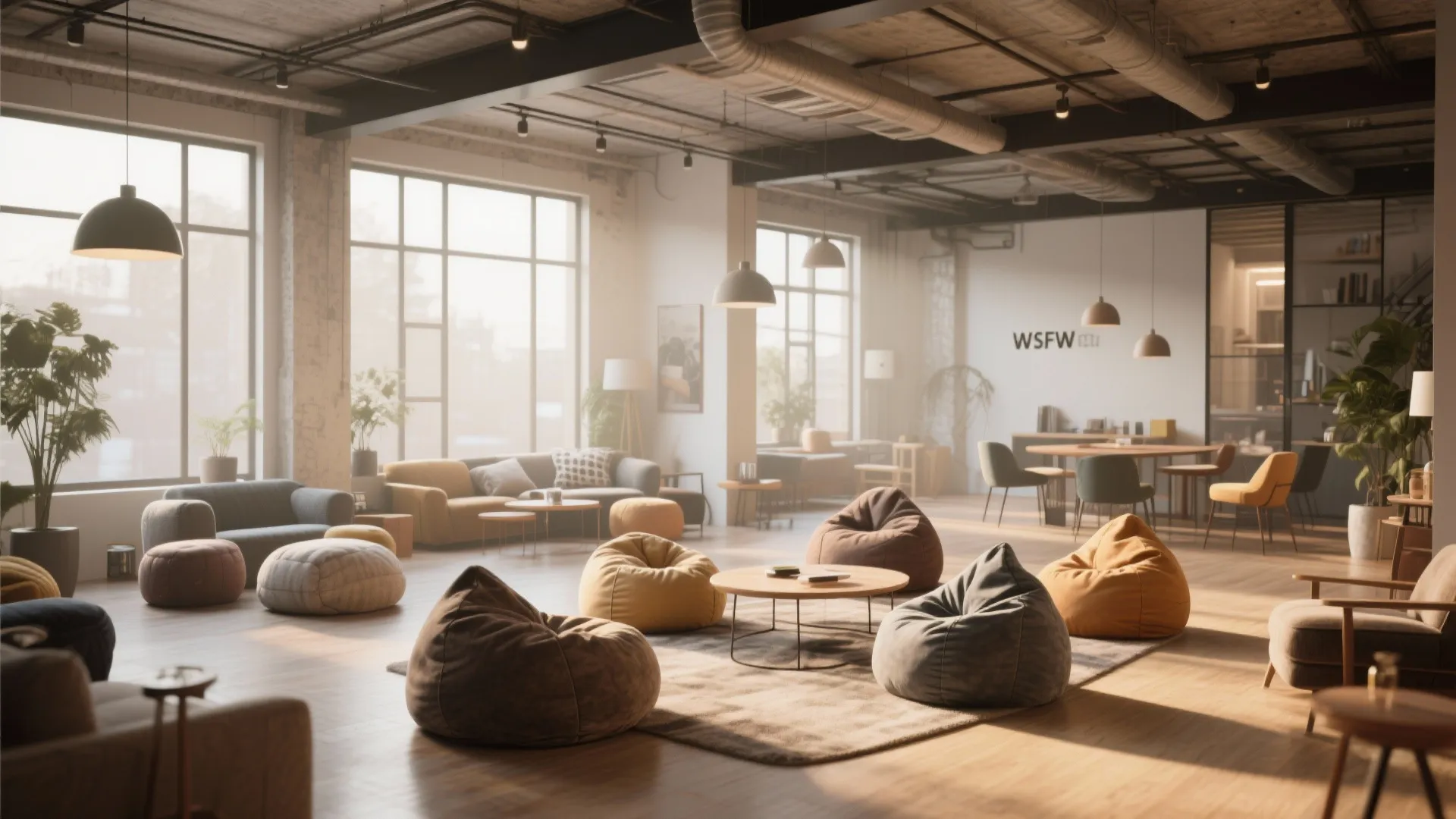 Open-plan loft casual lounge with assorted bean bags