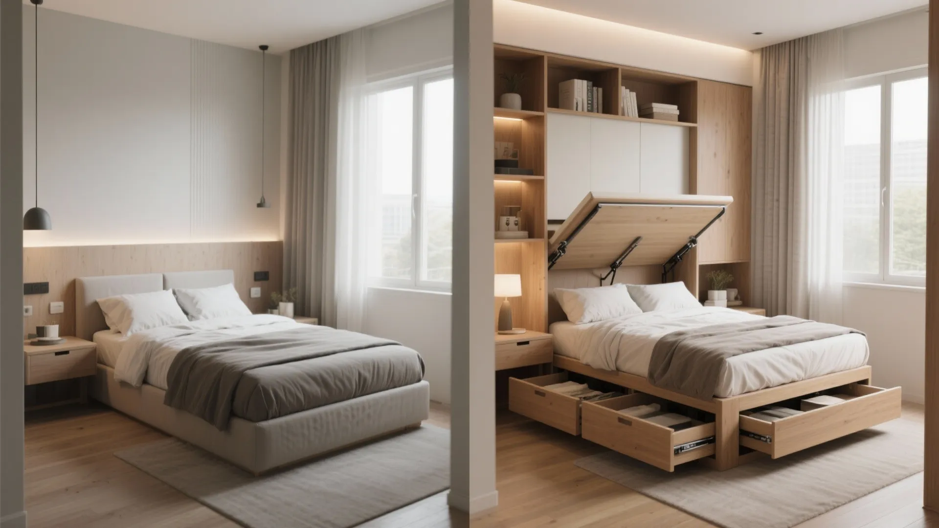 Interior design drawing showing a comparison between a standard bed and a wooden storage bed