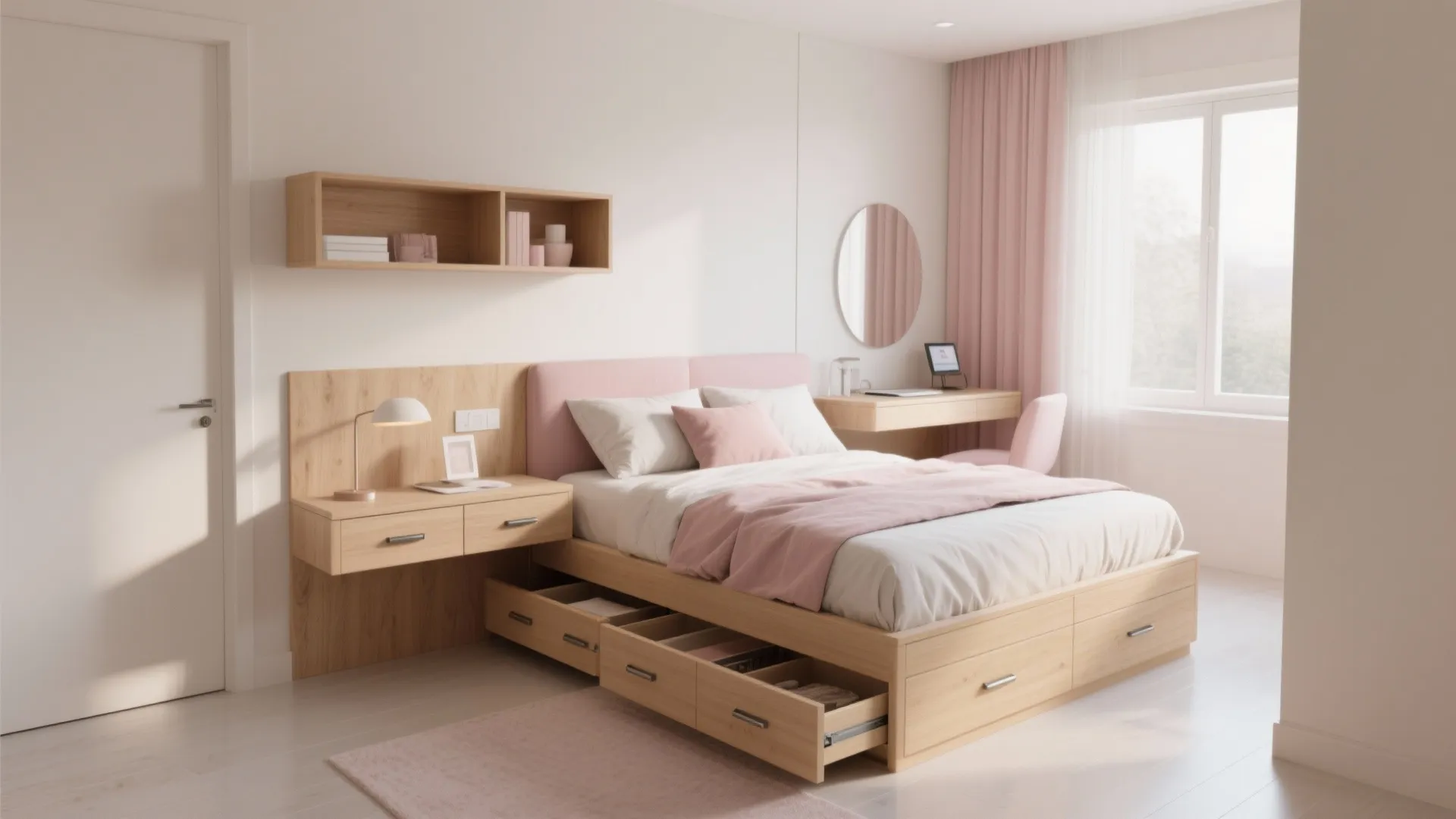Modern wooden bed with storage drawers pink bedding desk wall shelf and large bright window