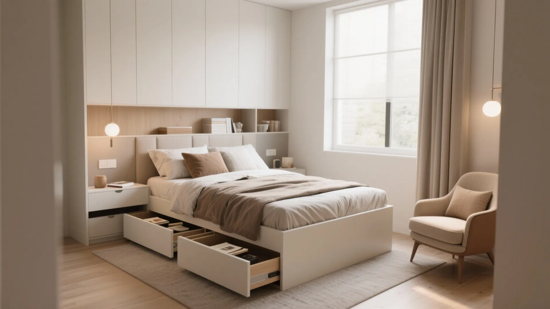 Bed frame with built-in drawers and a reading chair in the corner