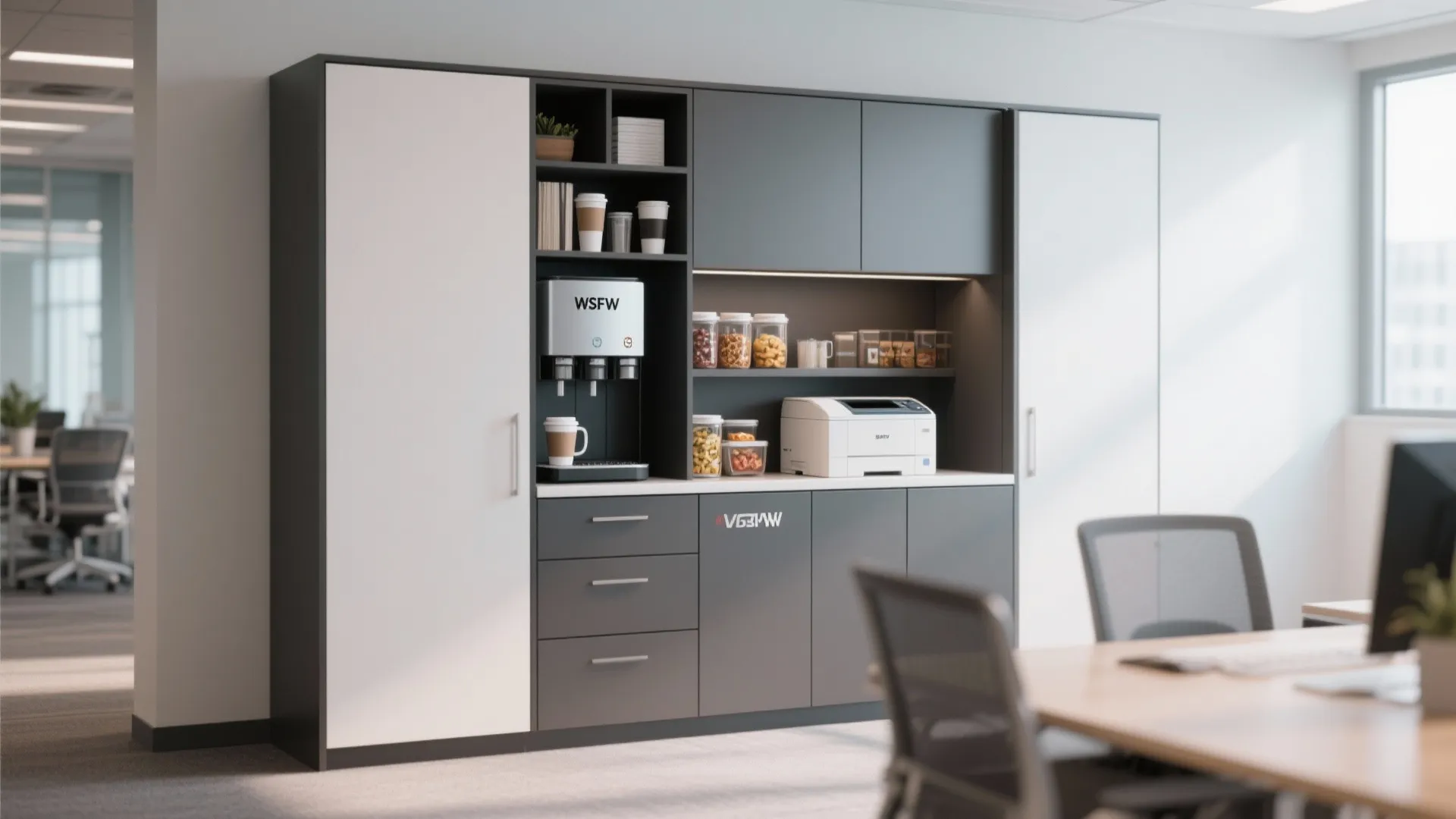 Modern office cabinet with coffee machine printer and storage space for drinks and snacks daily