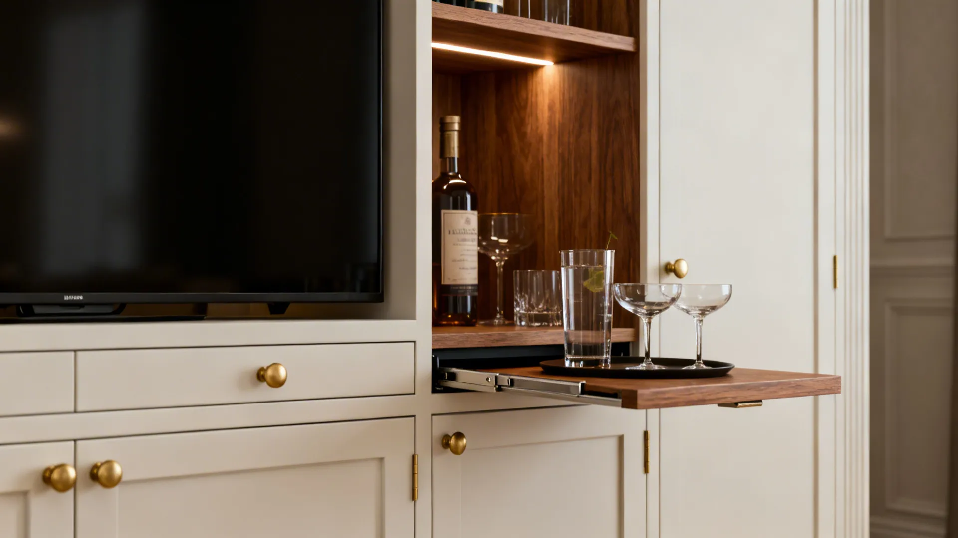 Close-up of a multifunctional cabinet with fold-down bar and pull-out dining shelf