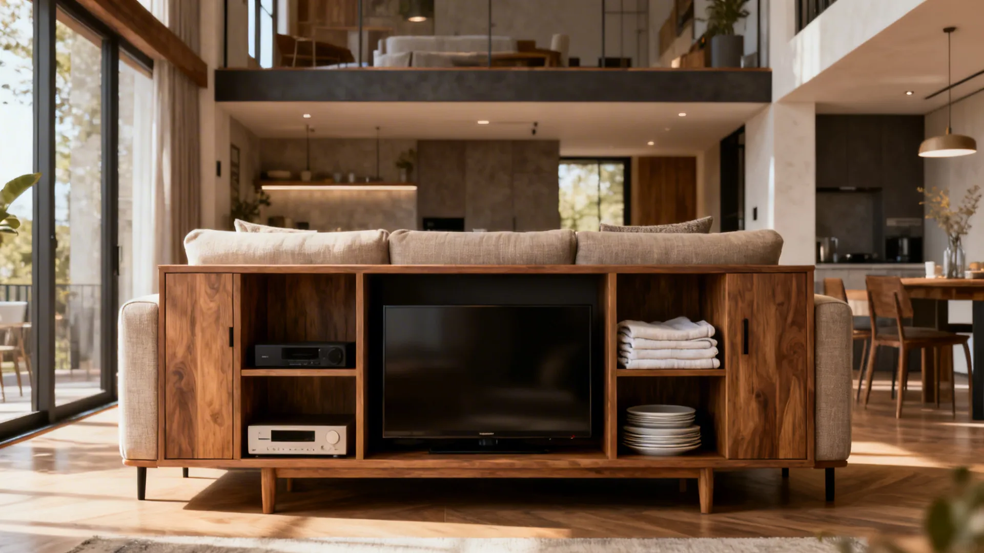Low cabinet serving as TV stand and room divider in a small loft