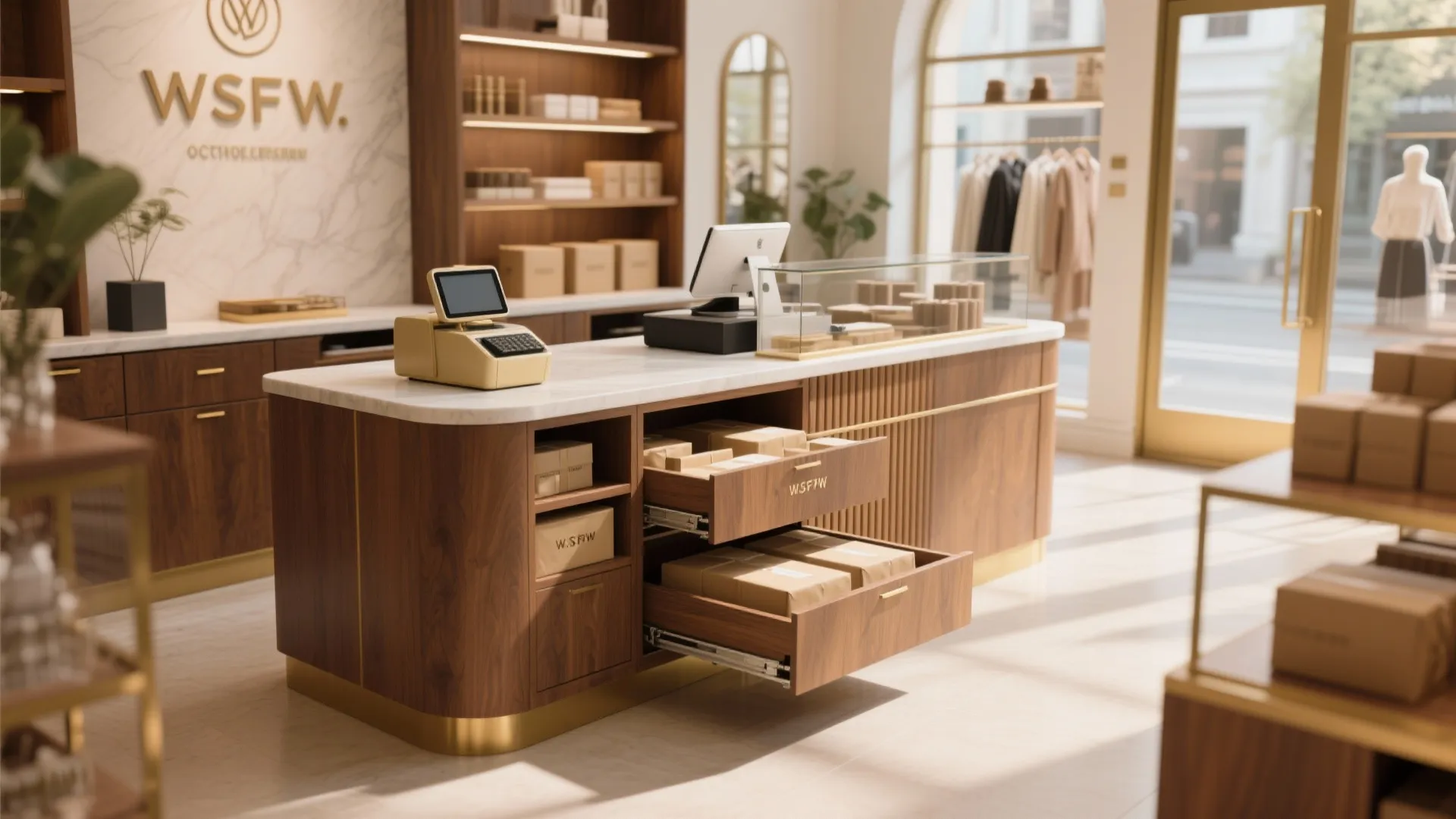 Wooden store checkout counter with open drawers, cash register, marble top, and wall storage shelves