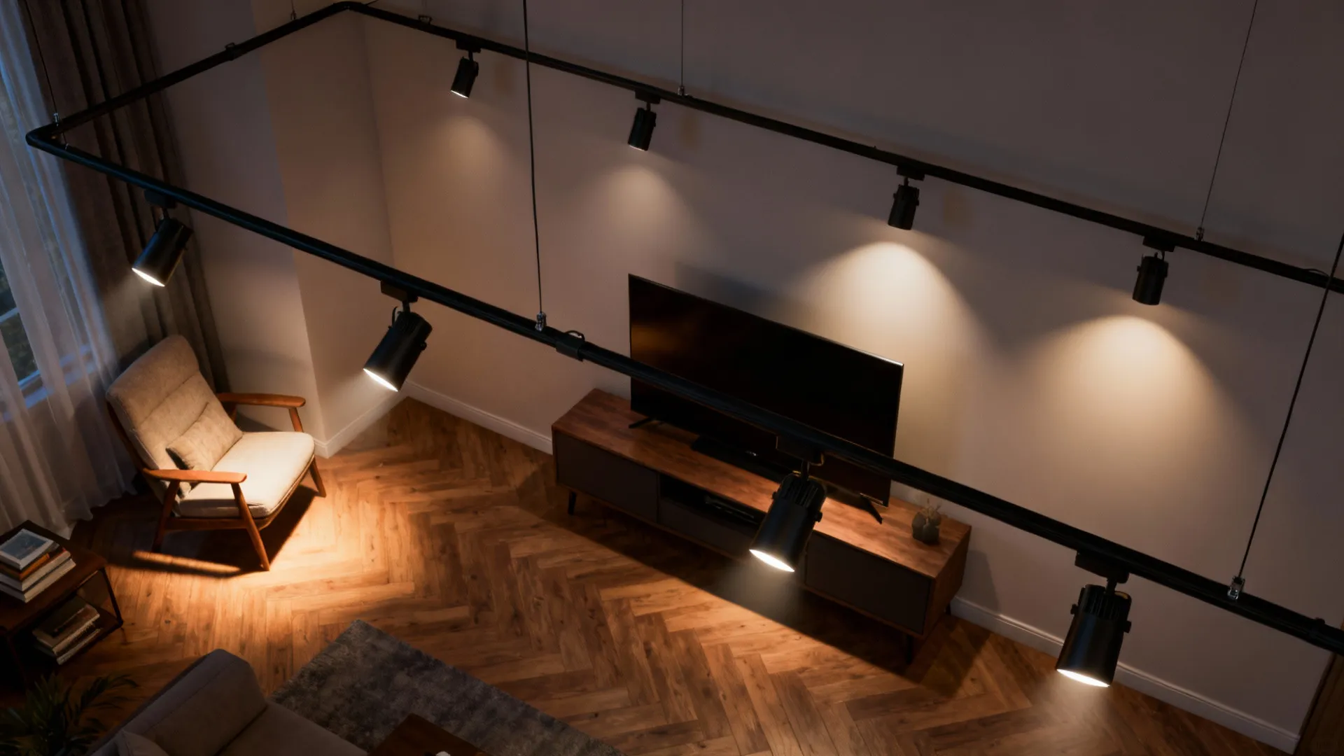 Top-down view of a living room showing a split-track lighting layout with two circuits for separate zones.