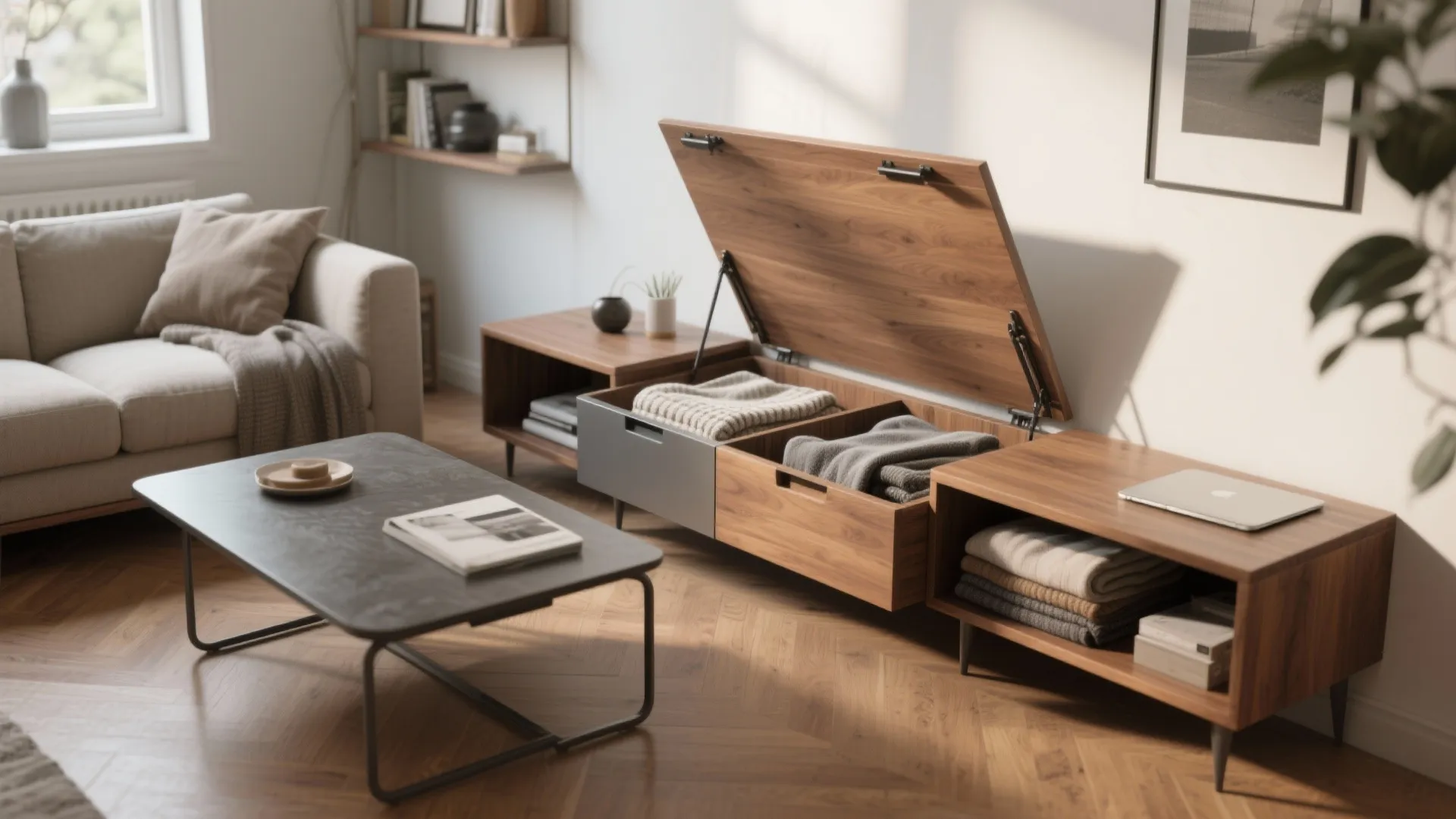 Multi-functional coffee tables and hidden storage