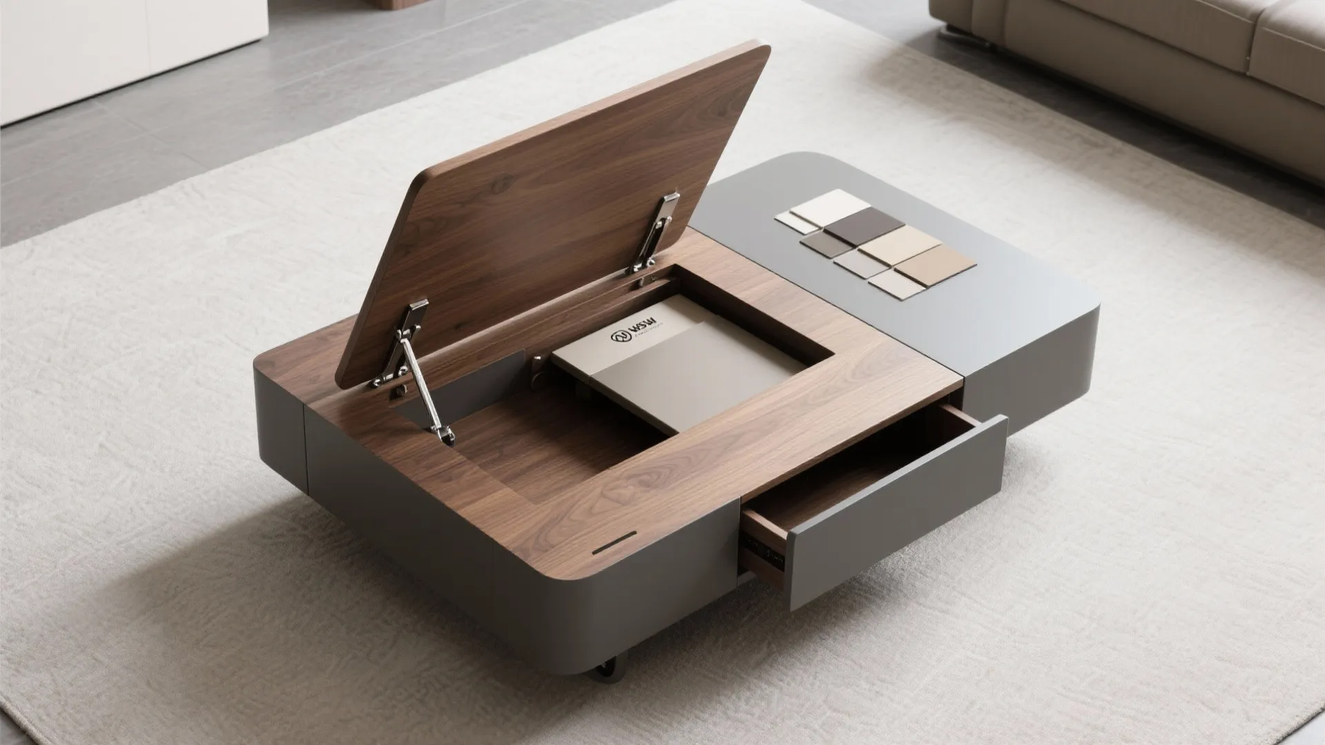 Modern wooden coffee table with a lift top storage section and an open drawer design