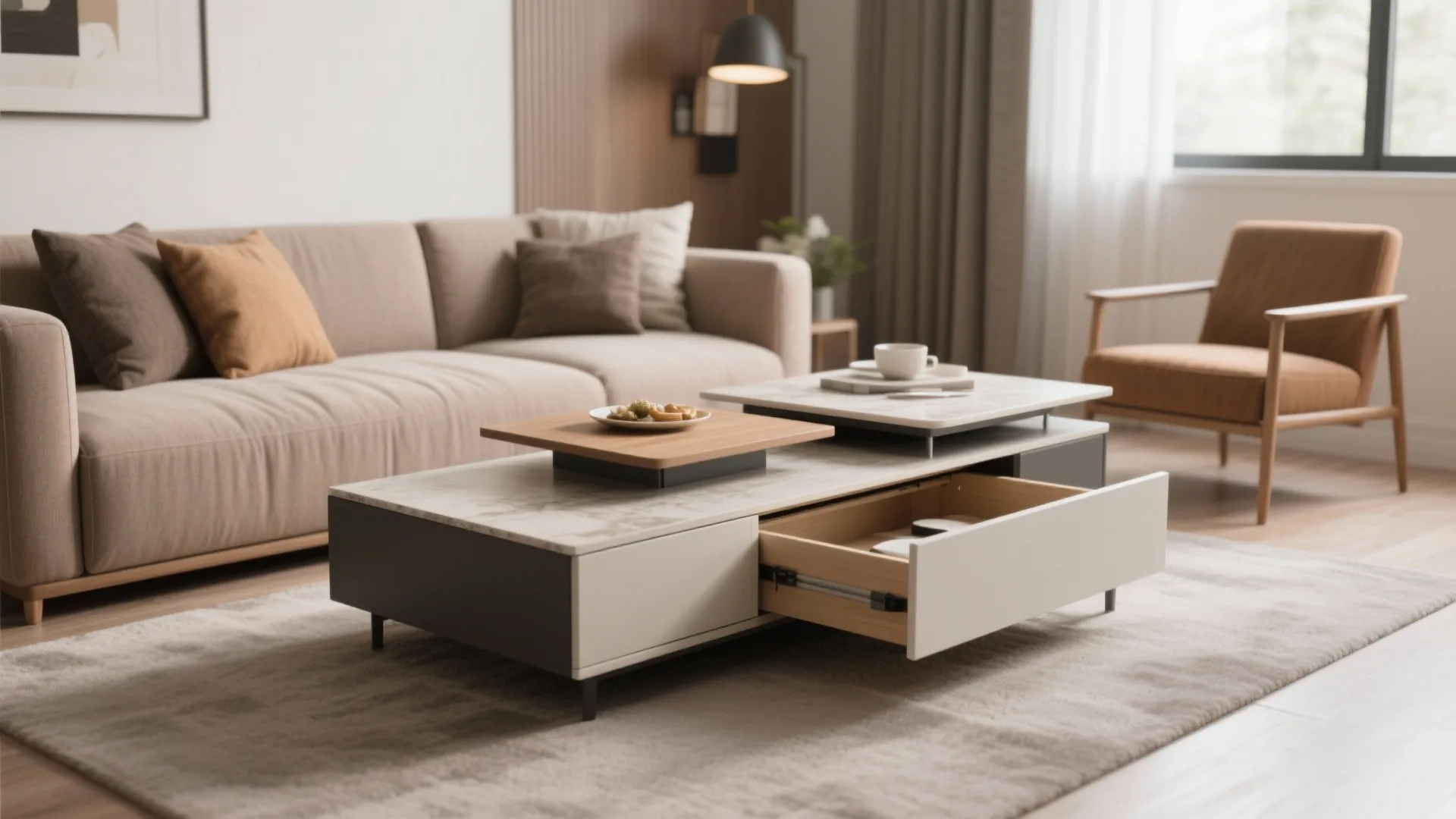 Modern marble coffee table with open drawer wooden top section beige sofa and brown armchair furniture