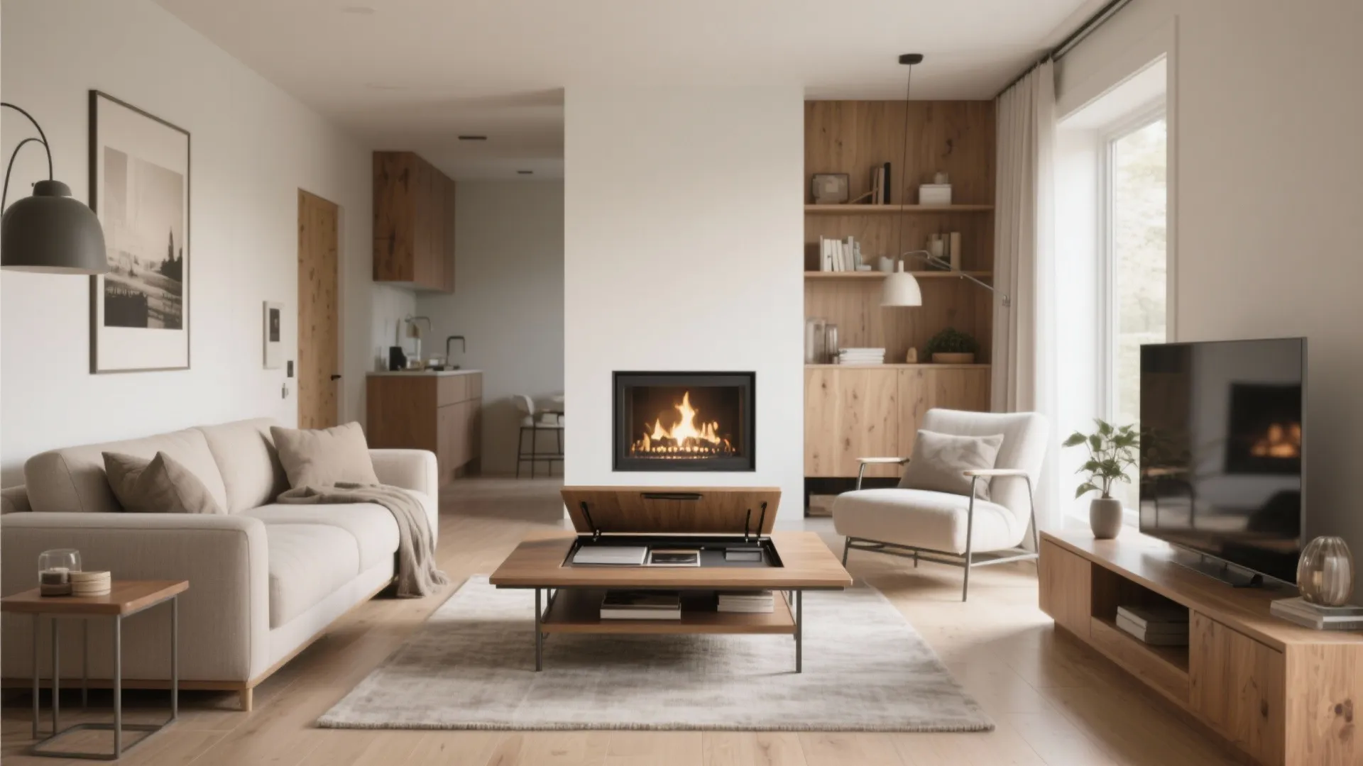 Modern white living room with fireplace wooden coffee table cream sofa armchair and black floor lamp