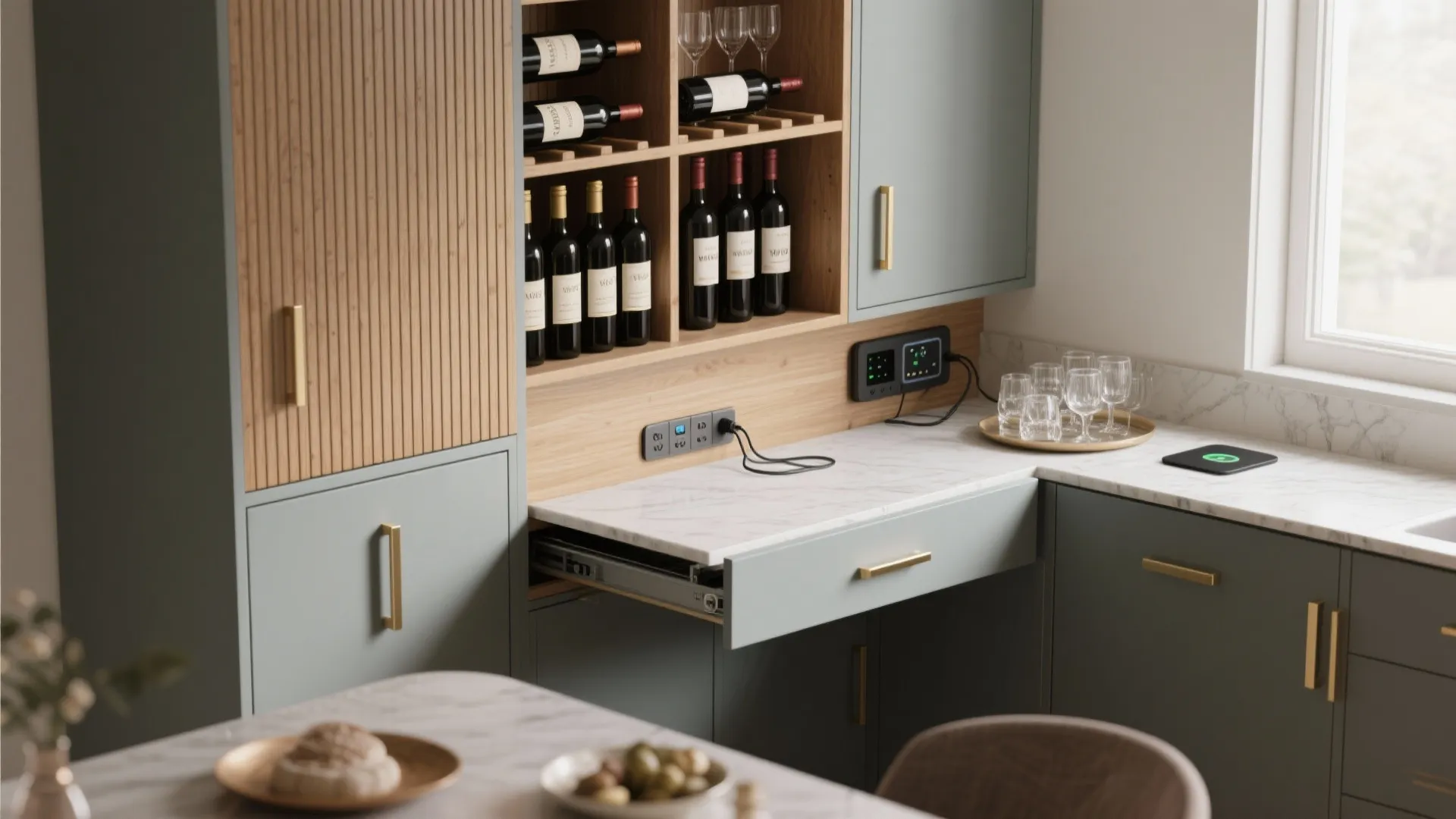 Multifunctional corner cabinet with wine rack, slide-out buffet, and concealed charging station.