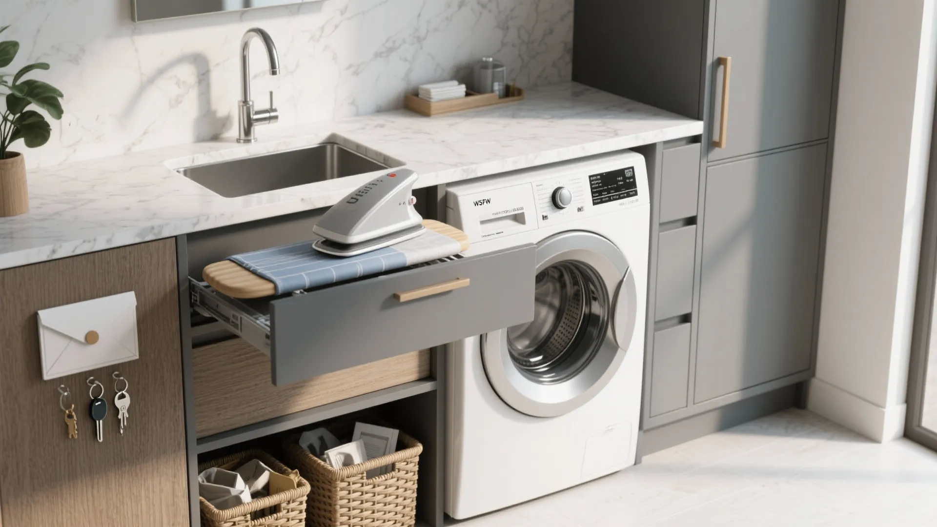 Laundry room counter with marble top washing machine and a hidden pull out ironing board