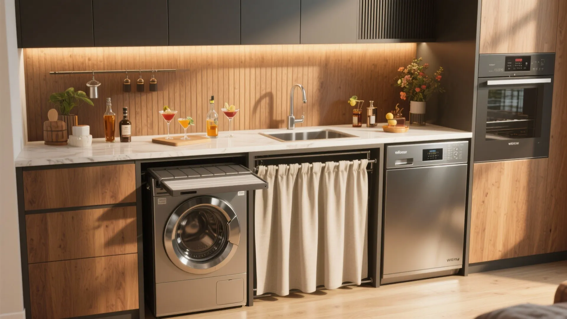Multifunctional countertop above a washer area used for folding and entertaining, with a retractable curtain and water-resistant surface.