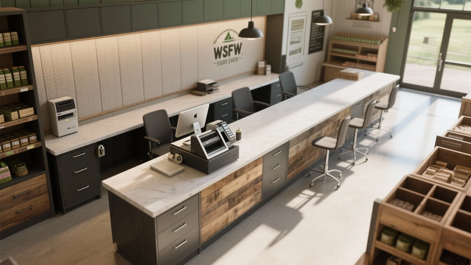 Long marble service counter with wooden panels, several office chairs, computers, and hanging black ceiling lights