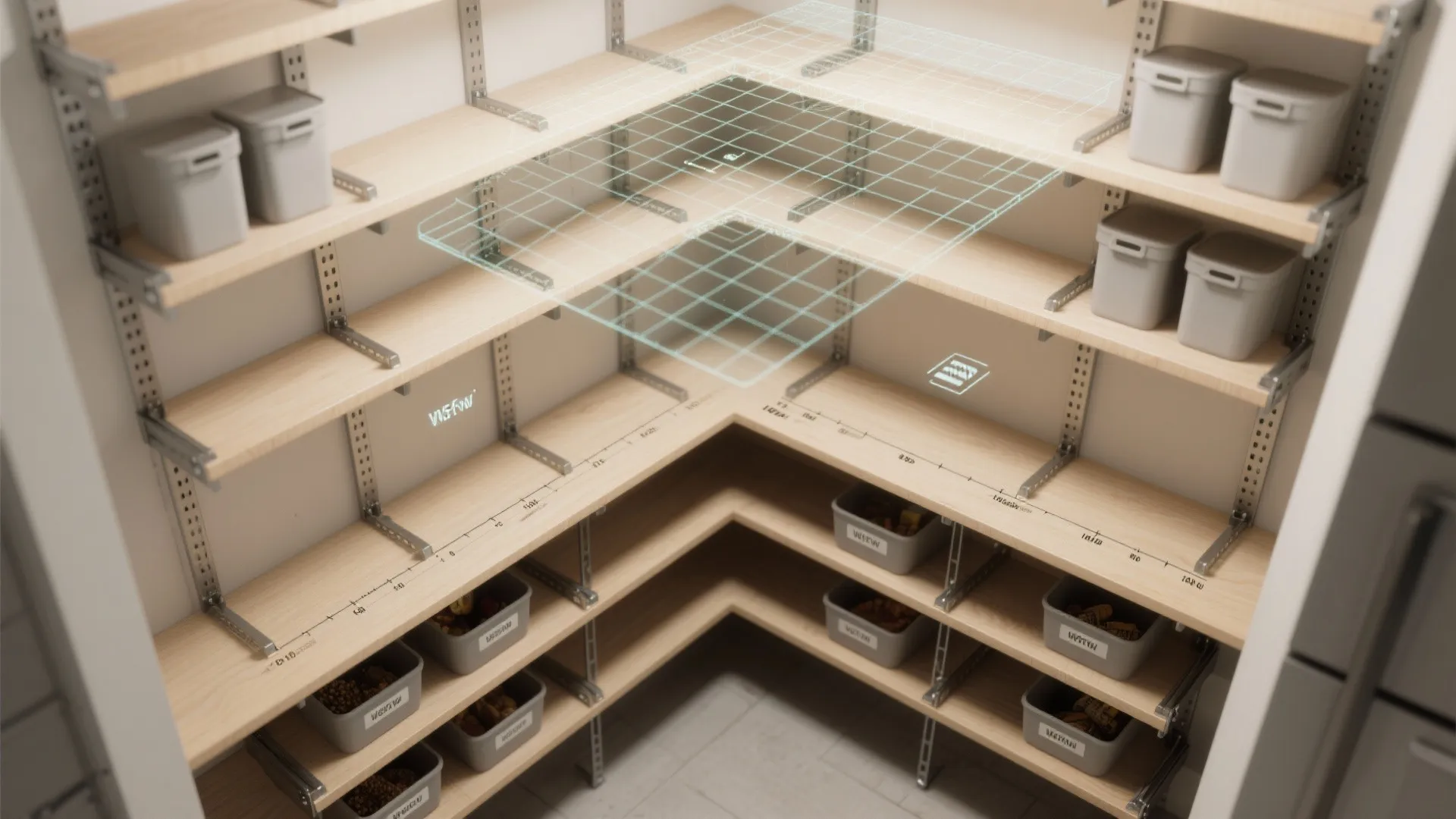 Interior design drawing showing walk-in wooden shelves with digital grid and gray storage plastic bins
