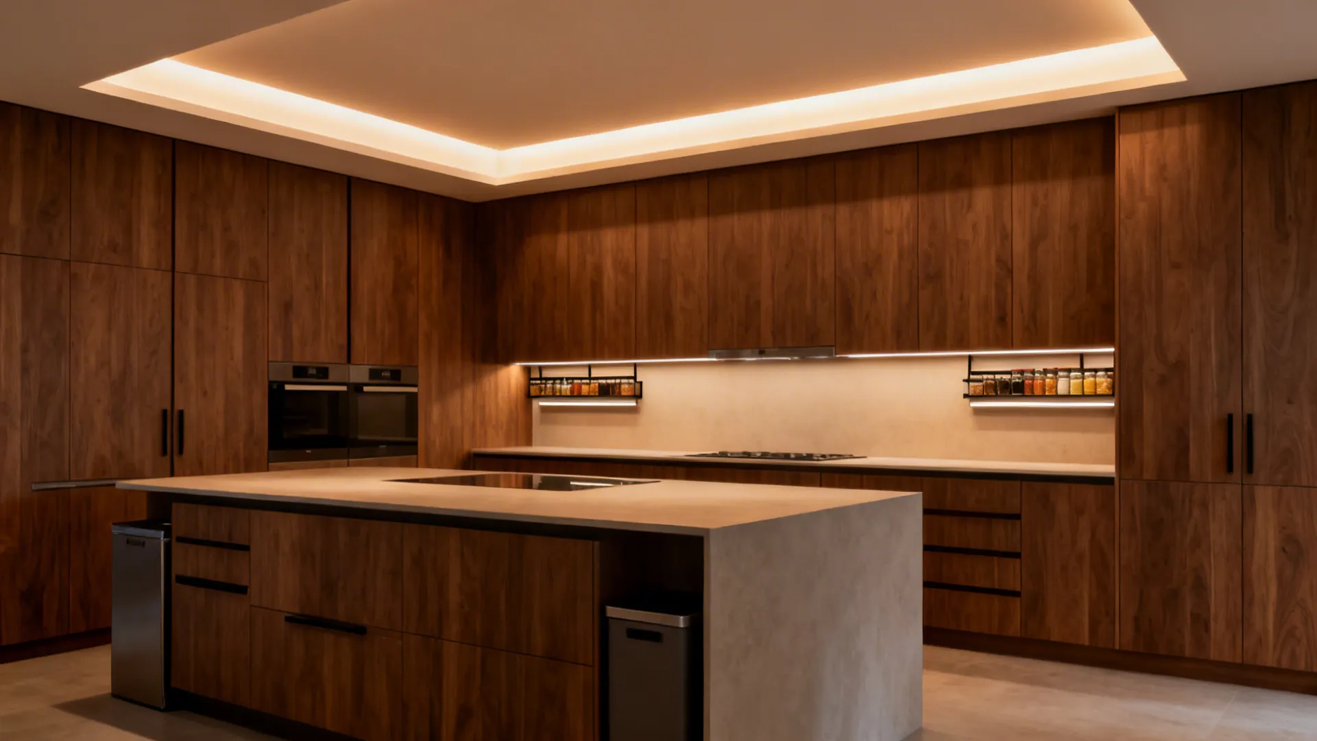 Large kitchen island and dark wood cabinets under a recessed warm white led ceiling light