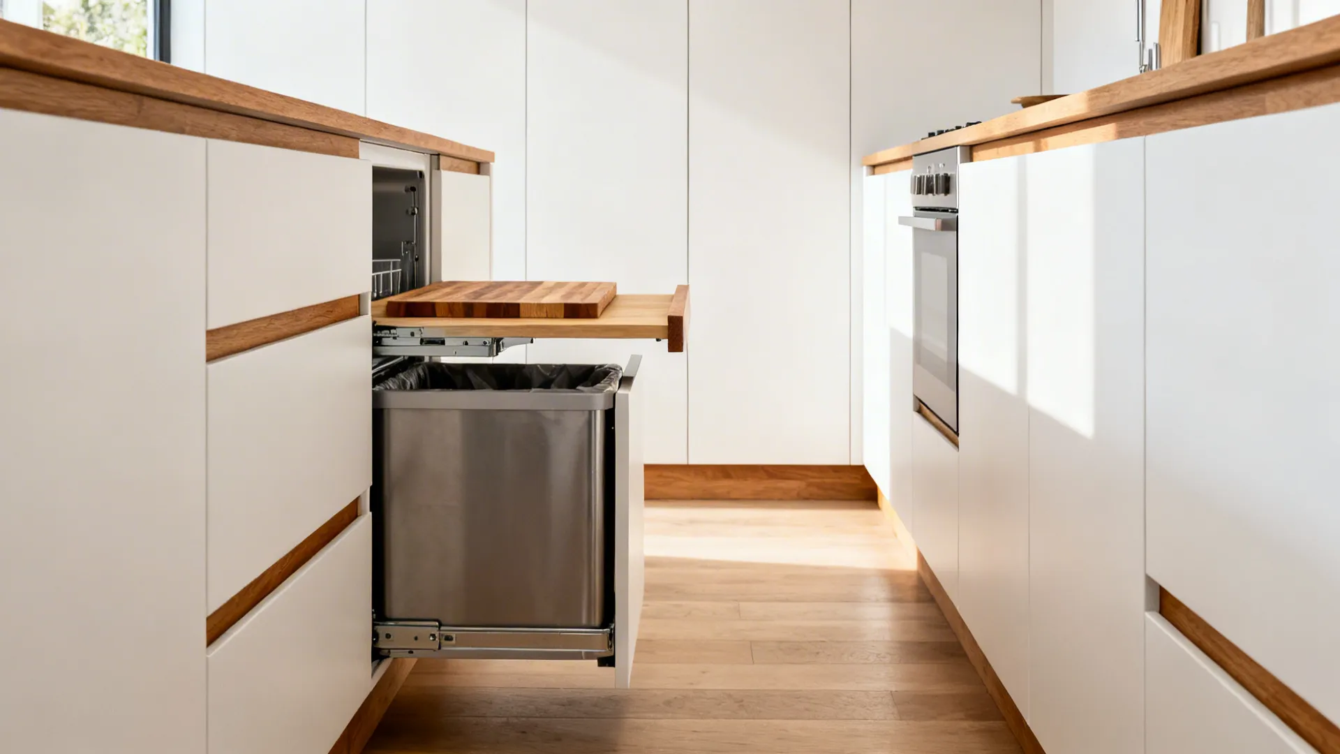 Small kitchen with shallow base cabinets and a slide-out cutting board over a trash pull-out.