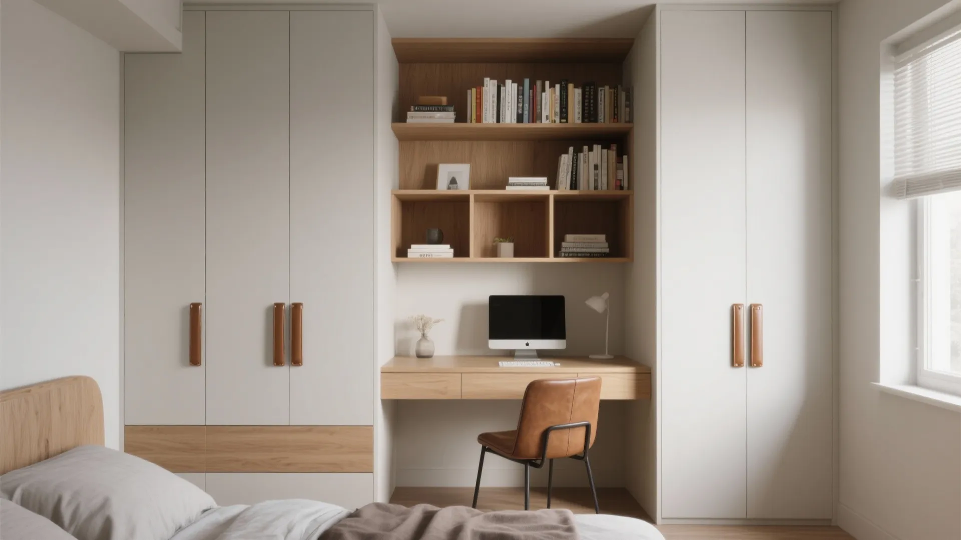 Multipurpose shallow bookcase integrated with a slim desk and wardrobe cubbies to save furniture in a tiny room.