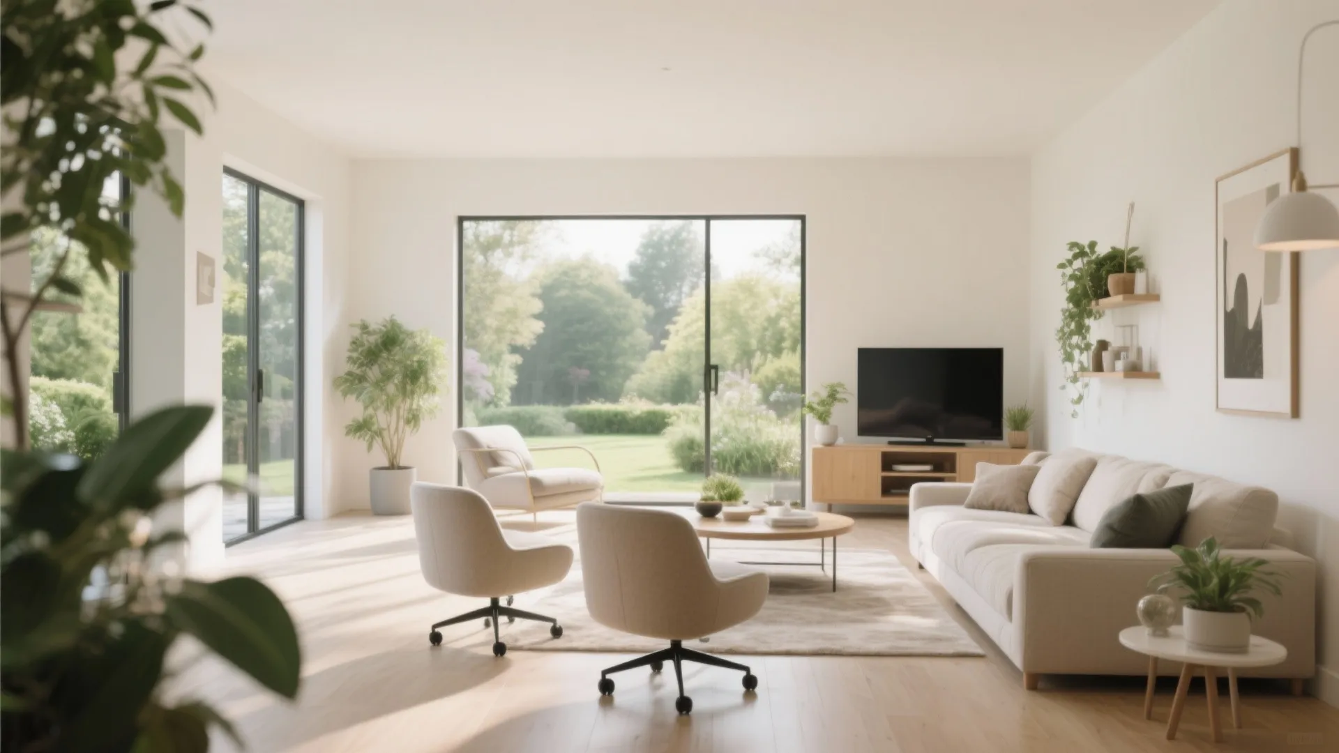 Bright open living room featuring white sofa, swivel chairs, large windows, and green garden view