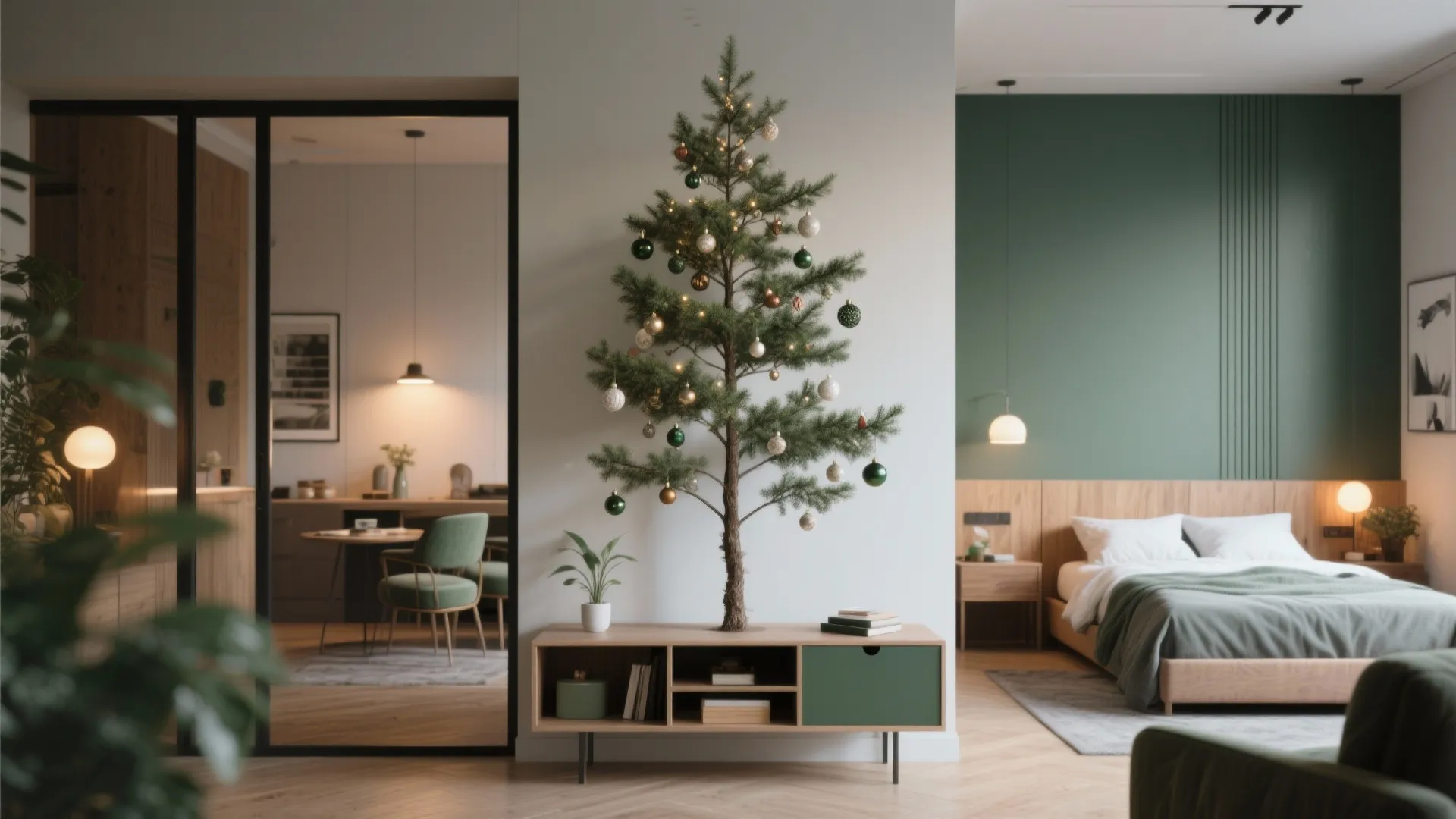 Decorated Christmas tree on wooden cabinet between modern green wall bedroom and bright dining room