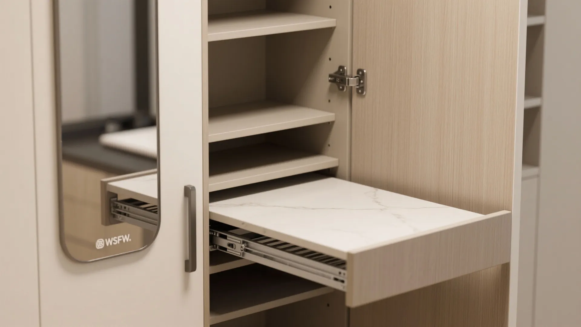 Pull out marble shelf inside a wooden cabinet with multiple storage shelves and a mirror